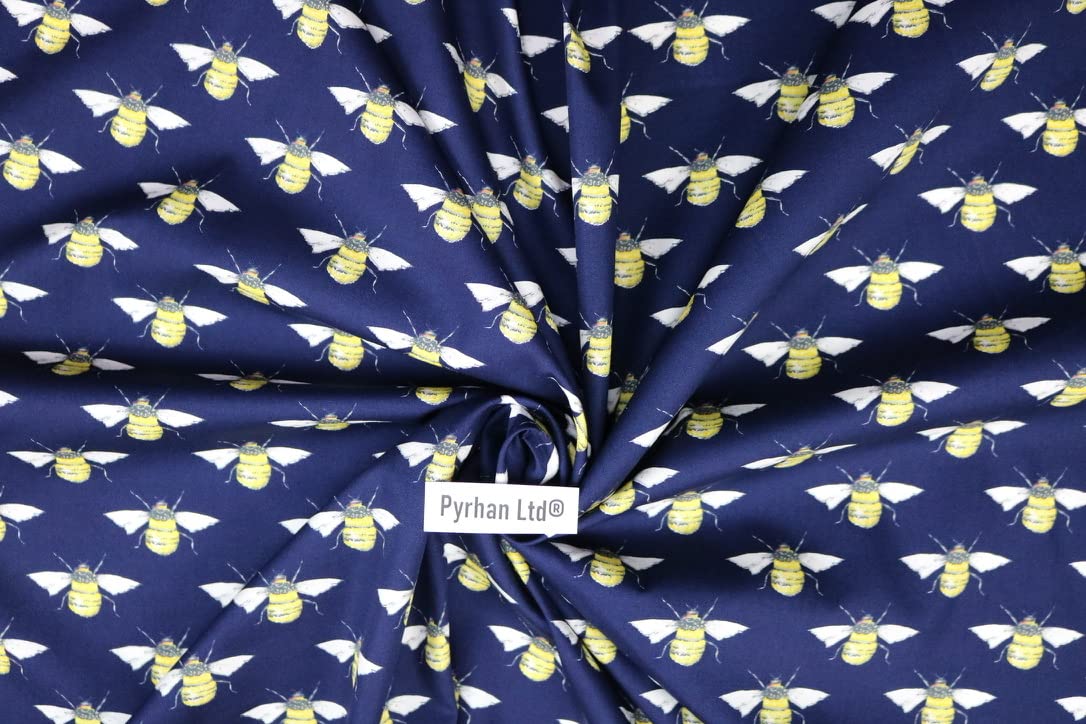Pyrhan Bumble Honey Bee I Love MCR 100% Pure Cotton Prints – 45 inches (114 cm Approx) Wide Fabric Sold by The metre - Perfect for Sewing Projects and Dress Making. (Navy)