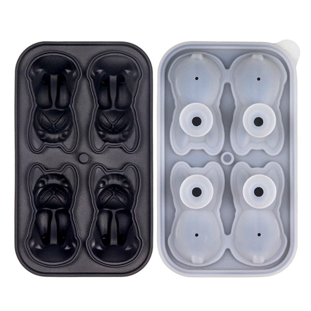 Plmvhpb French Bulldog Ice-Cube, 4 Hole Fun Shapes Frenchie Bull Dog Ice-Cube Tray for Whiskey,Cocktail, Black 10.9 X 18. X 5.2cm