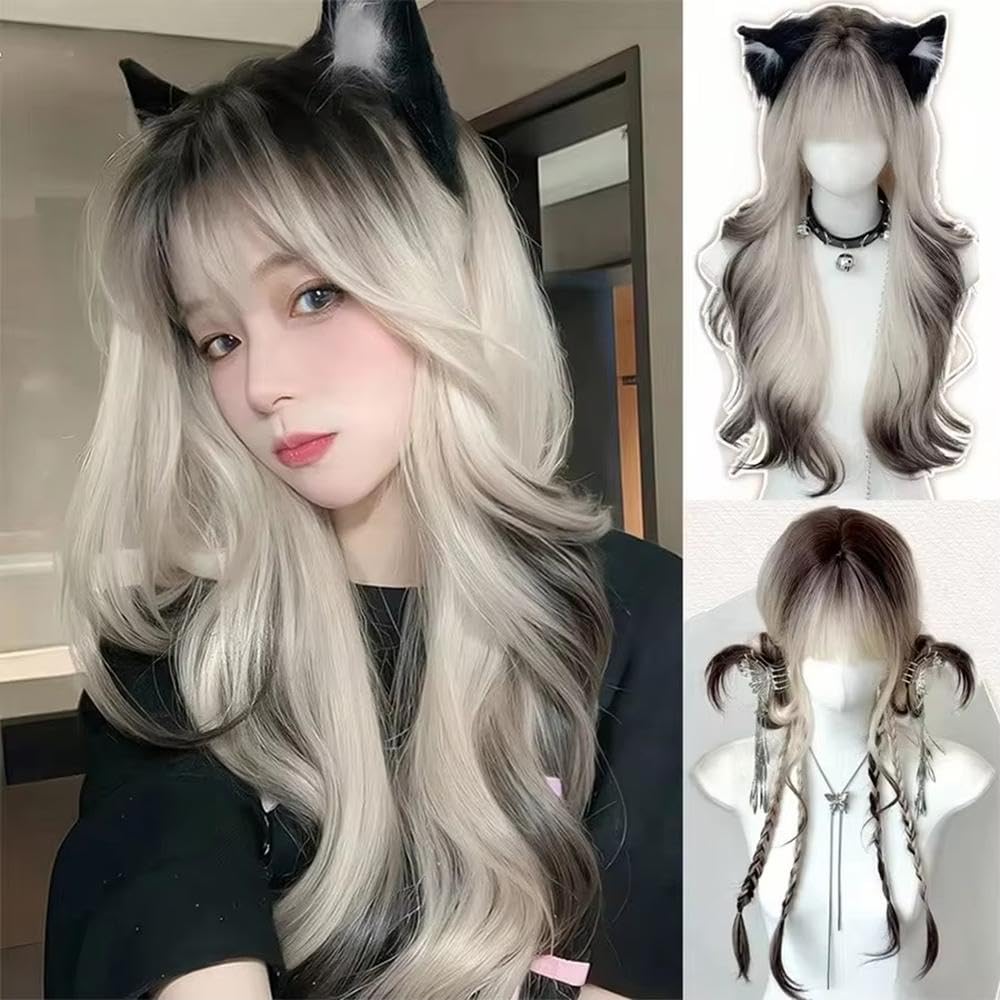 Haarpflege Schwarze Und Graue Ombre Langkörper Wellen Lockenhaar Perücke Mit Pony Für Frauen Cosplay Party(Black and white gradient 28inch)