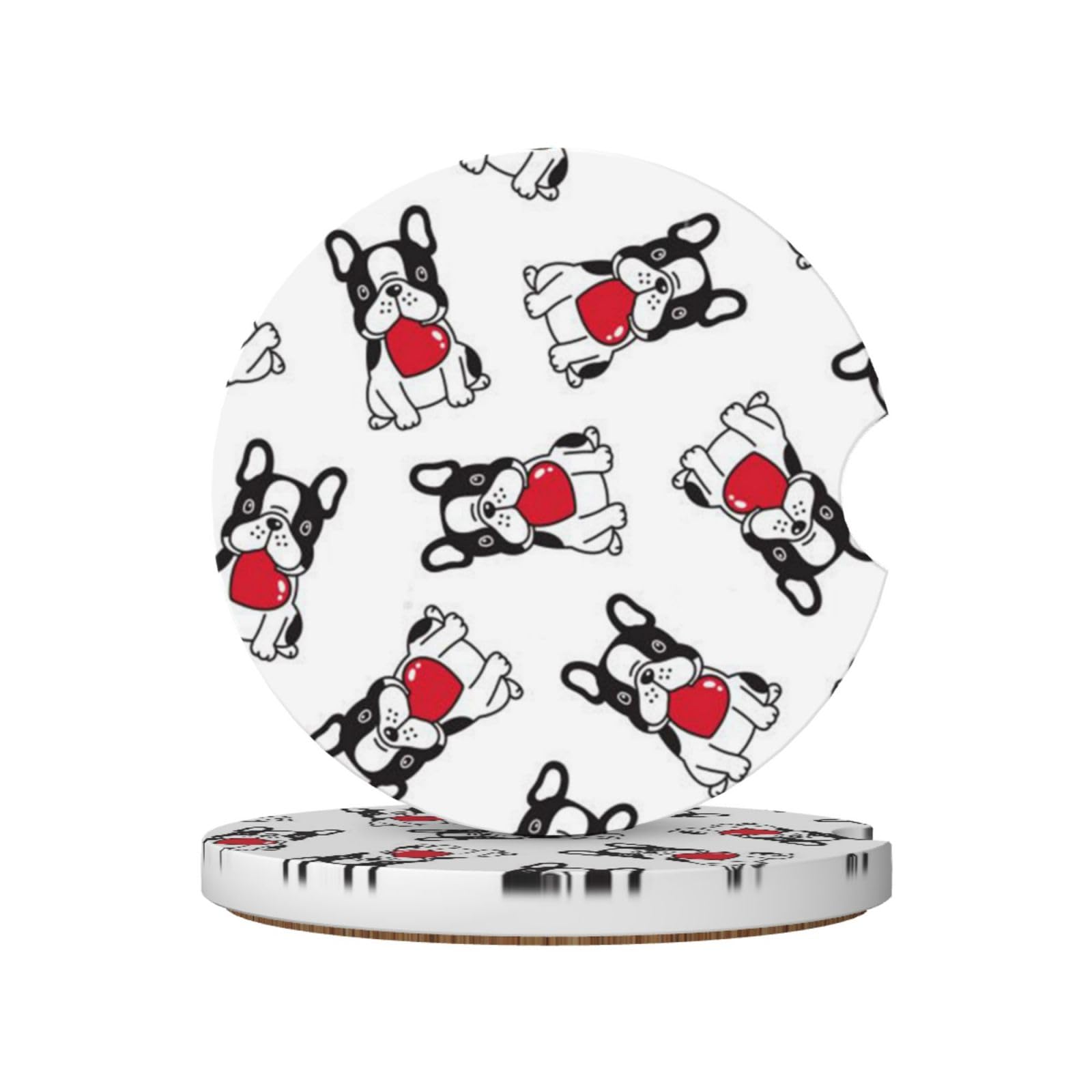 Cartoon Heart French Bulldog Valentine, Car Cup Holder Coasters 2 Pack, Absorbent Ceramic Car Coasters with Non Slip Cork Base
