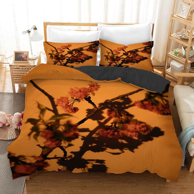 Housse de couette 220x240 fleurs de cerisier brun avec 2 taies d'oreiller pour lit adulte