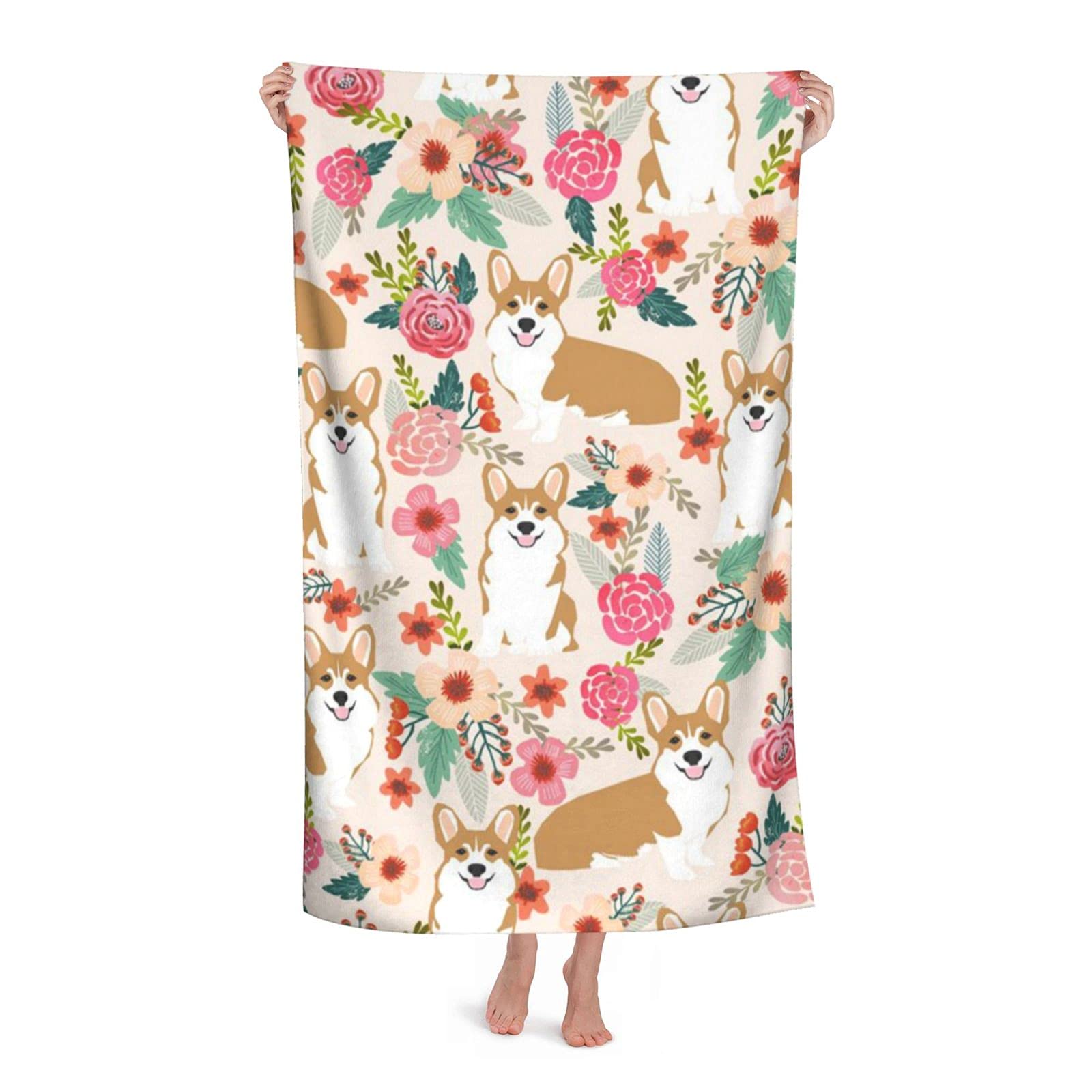 LSRCPD Pet Dog Welsh Pembroke Corgi Flowers Beach Towel Highly Absorbent Microfiber Beach Blanket Soft Bath Towels 80 x 130 cm