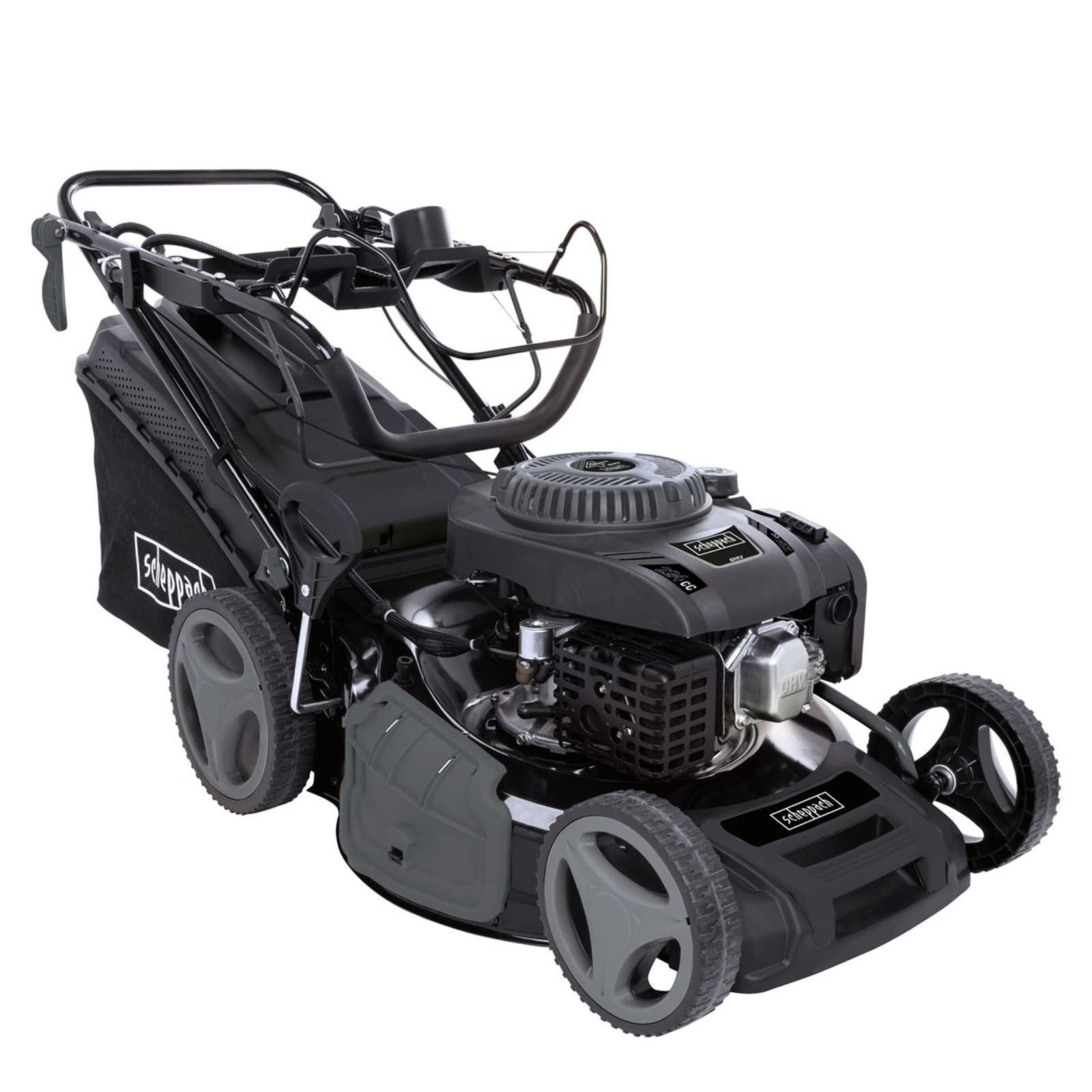 Scheppach MS225-53EB Benzin Rasenmäher Black Edition mit E-Start | Antrieb | 6PS | 53 cm Schnittbreite | 7-fache Schnitthöhenverstellung | 65 Liter | Reinigungsfunktion | Mulchfunktion | Seitenauswurf