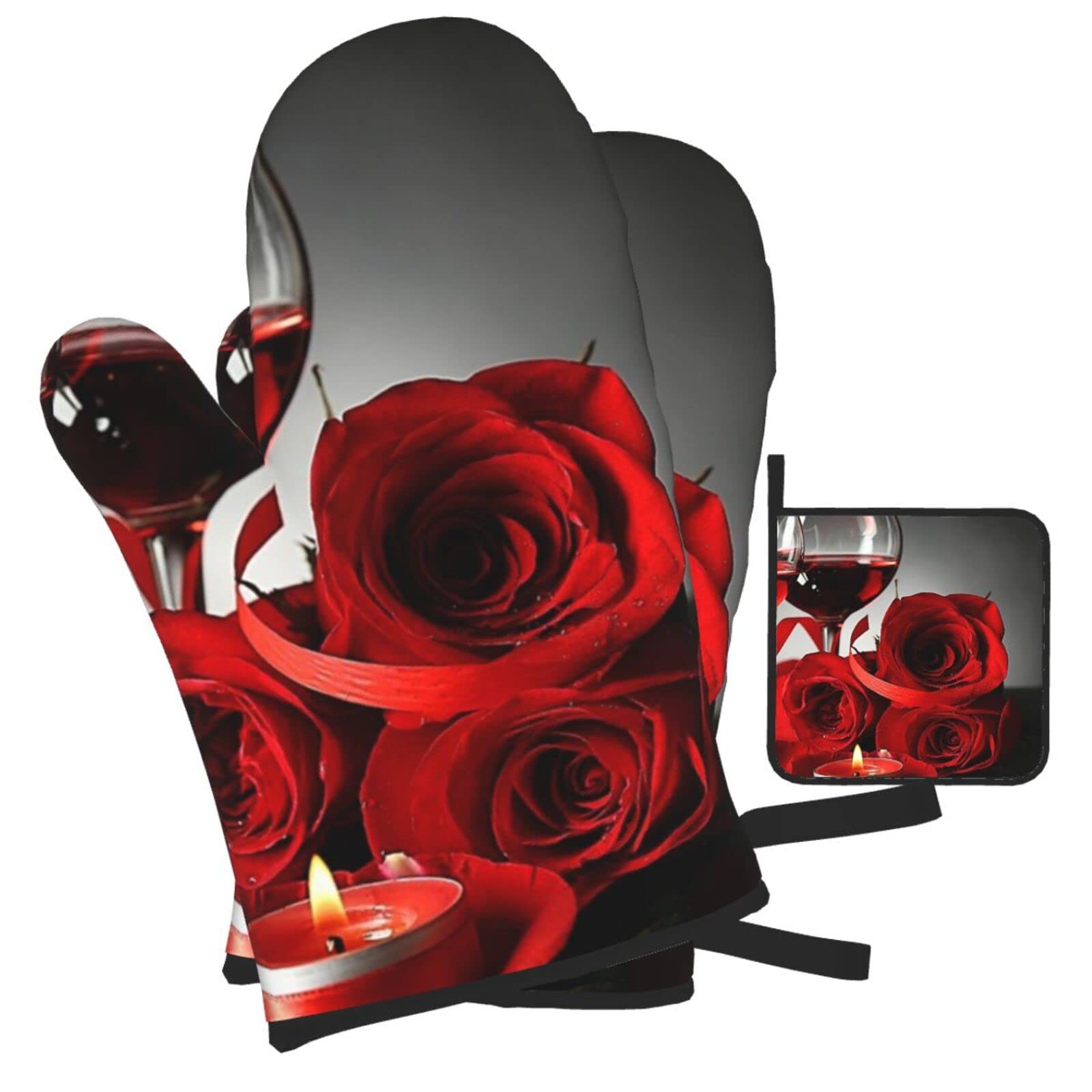YILEQUAN Red Rose Wine Glass and Candle Print Oven Mitts Pot Holders Sets,Kitchen Glove High Heat Resistant 500 Degree Potholder,Surface Safe for Baking, Cooking, BBQ,Pack of 3