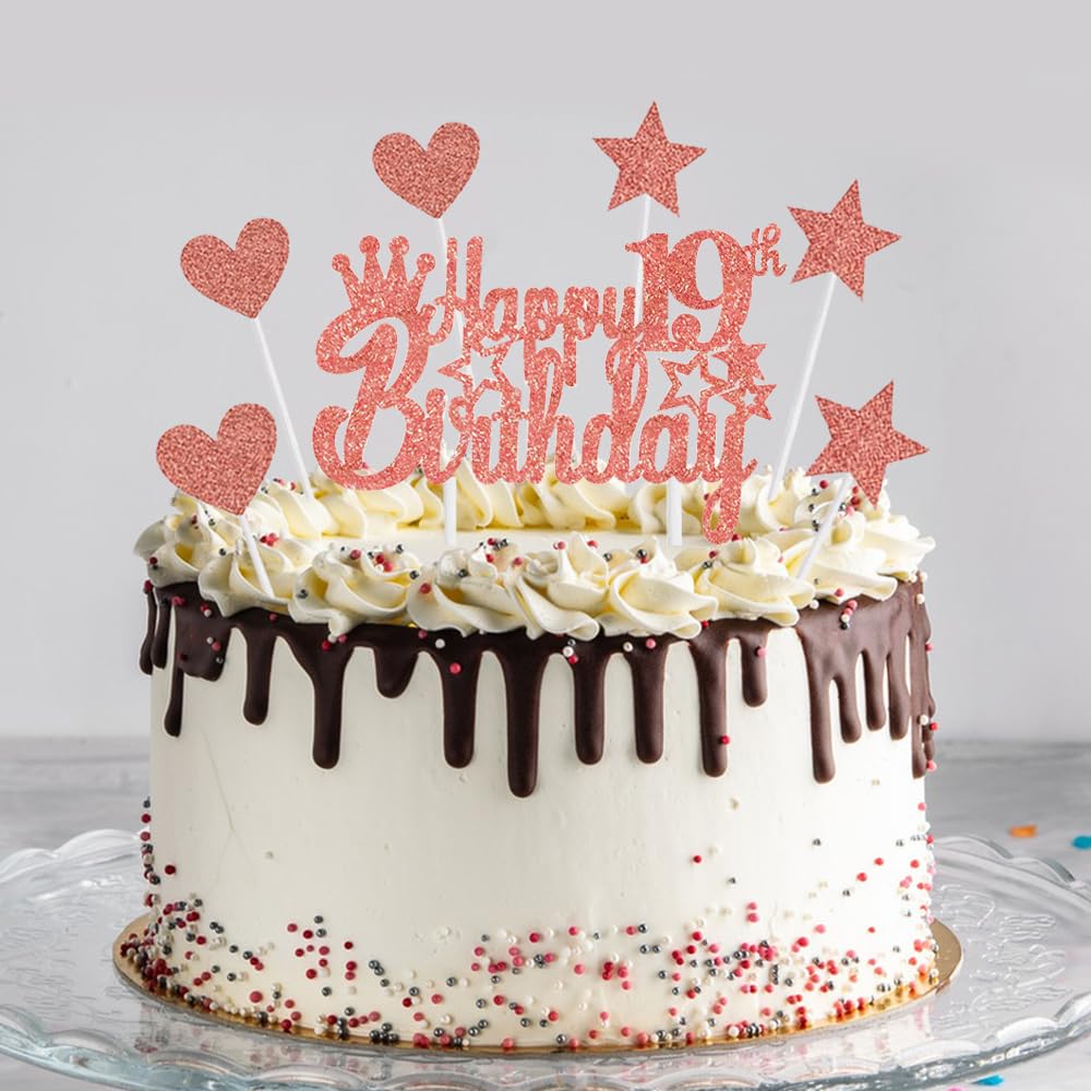 Fascia per il 19° compleanno, corona da principessa, diadema con strass, decorazione per torta con numero 19, palloncini a elio, palloncini in lattice oro rosa, decorazione per 19 anni, decorazione