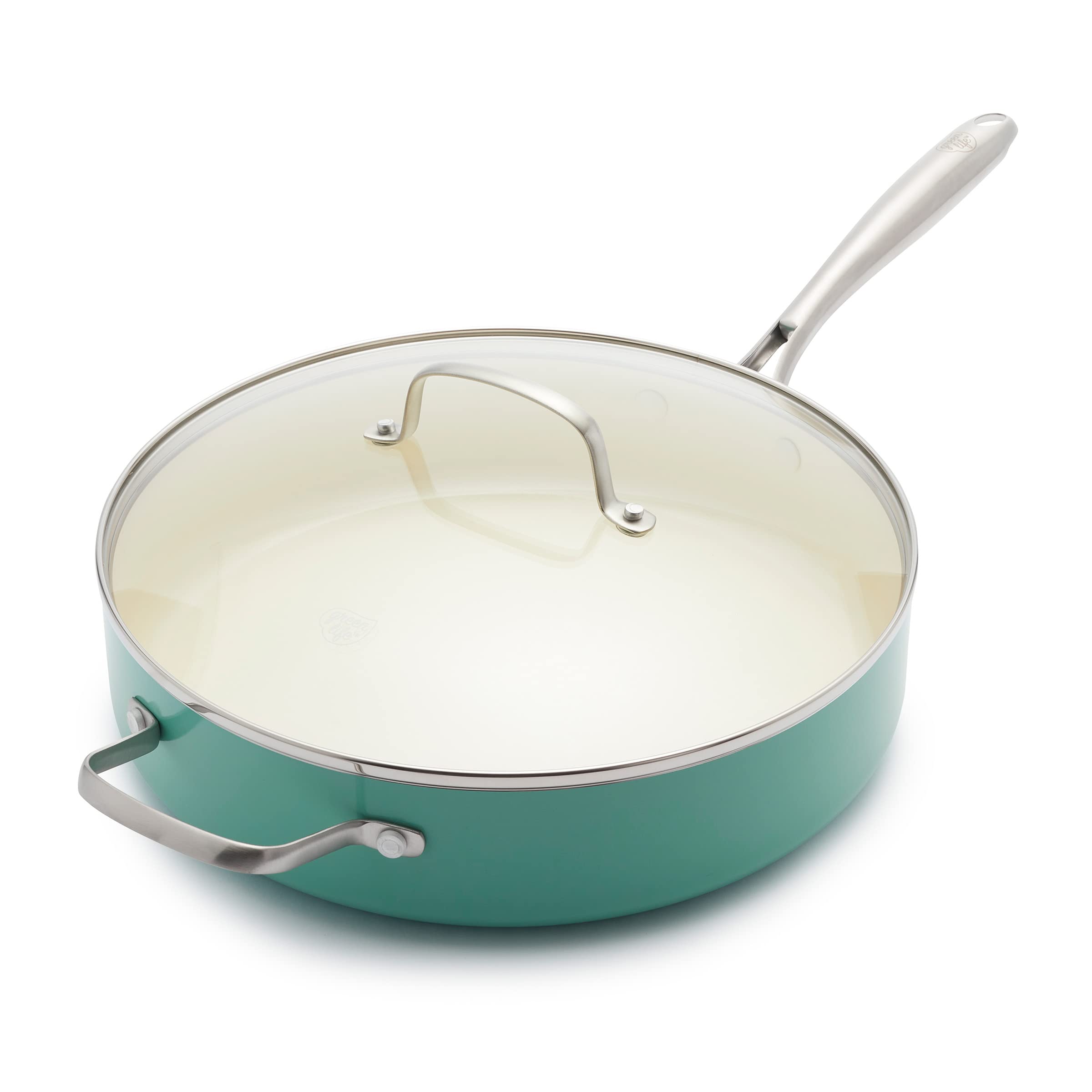 GreenLife Artizan Healthy Ceramic Non-Stick 30cm/4.8 Litre Sauté Pan Jumbo Cooker with Helper Handle and Lid, Stainless Steel Handle, Induction, PFAS Free, Oven Safe, Turquoise
