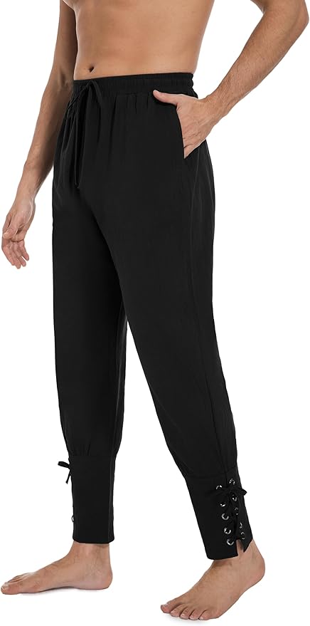AIFARLD Mens Medieval Ankle Banded Pants Vintage Pirate Viking Cotton Lace Up Tapered Renaissance Costume Trousers