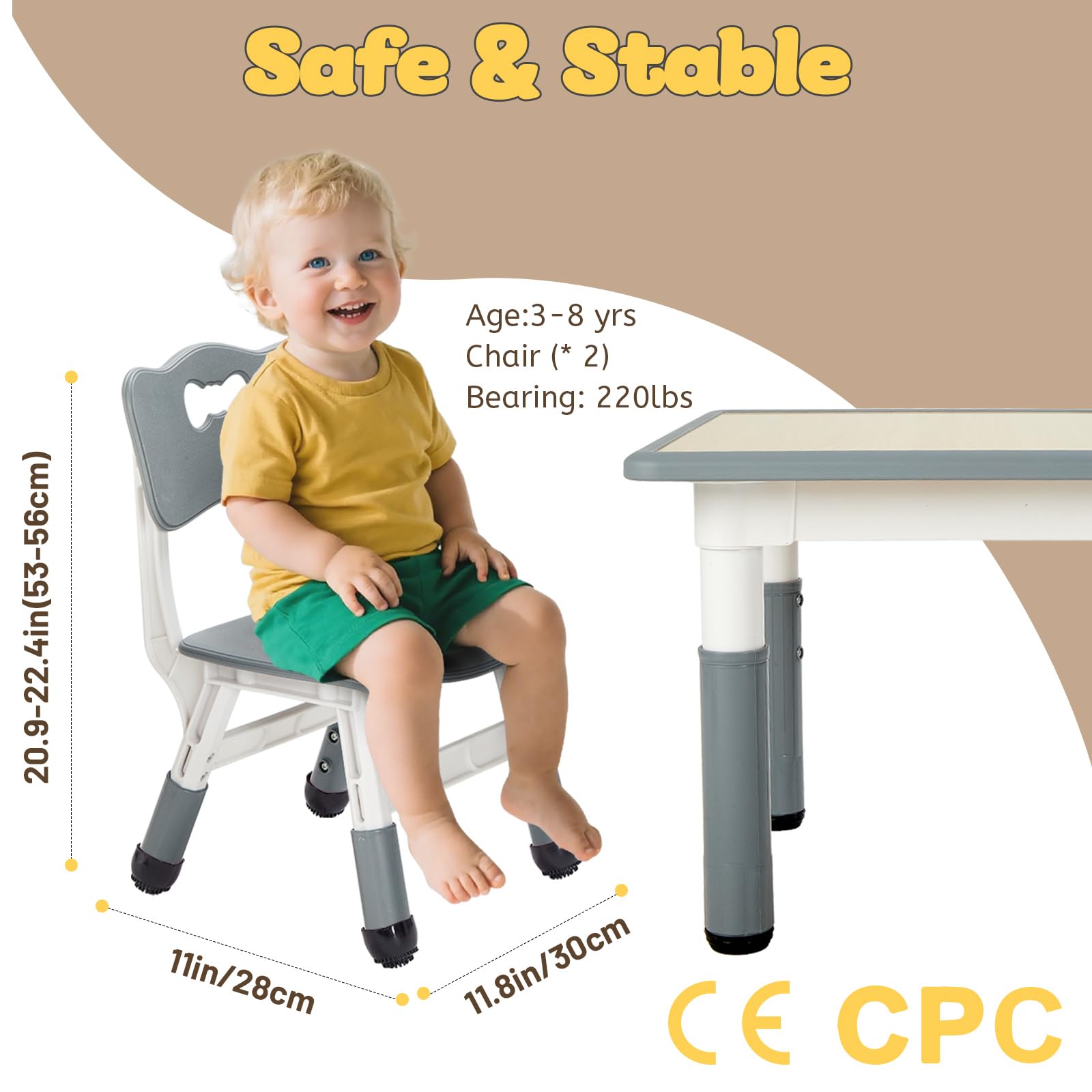 FUNLIO Adjustable Kids Chair (2pcs), 3 Level Height Adjustable Toddler Chair for Ages 3-8, Sturdy Child Chair with Maximum Bearing 220lbs, for Classrooms/Daycares/Homes, CPC & CE Approved - Grey