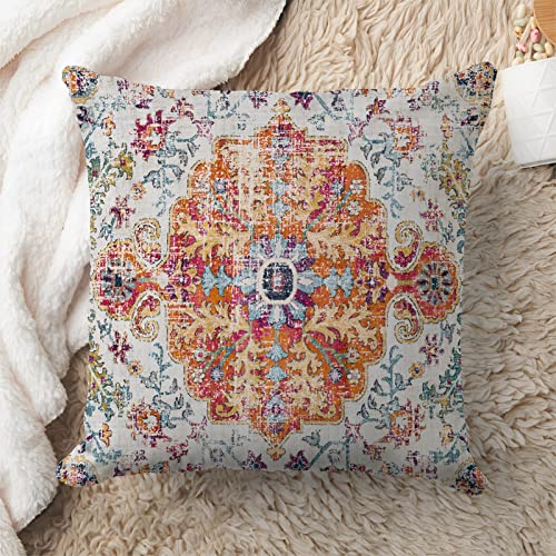 Ethnic Boho Pillow Covers 18X18 Inch Orange Blue Carpet Vintage Floral Pattern Throw Pillow Covers Super Soft Bohemian Farmhouse Decorative Pillowcase For Living Room Bedroom Bed Cushion Outdoor #TOP1