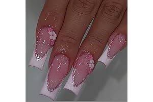 Long Rhinestone Press on Nails Black and Bling Pink Nails for Women