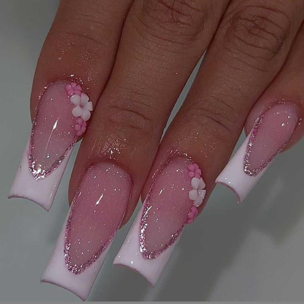 Press On Nails - Long Rhinestone Pink & Black Square Bling Glossy 3D Flower False Nails - 24pcs (Long Nails 5)