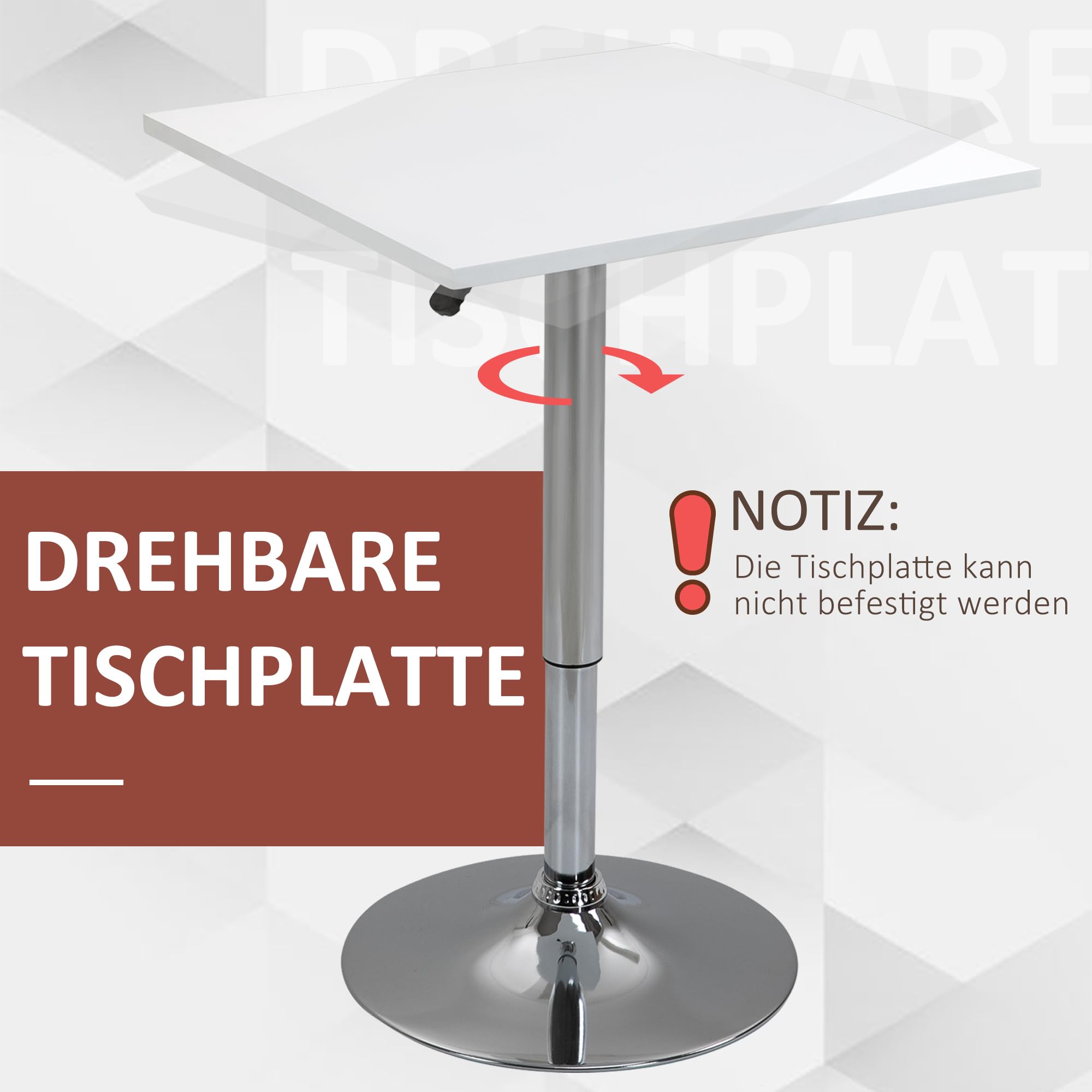 HOMCOM Bartisch Höhenverstellbar Stehtisch mit Drehbar Tischplatte, rutschfest Küchentisch für Wohnzimmer, Esszimmer, Weiß, 60 x 60 x 69-91 cm