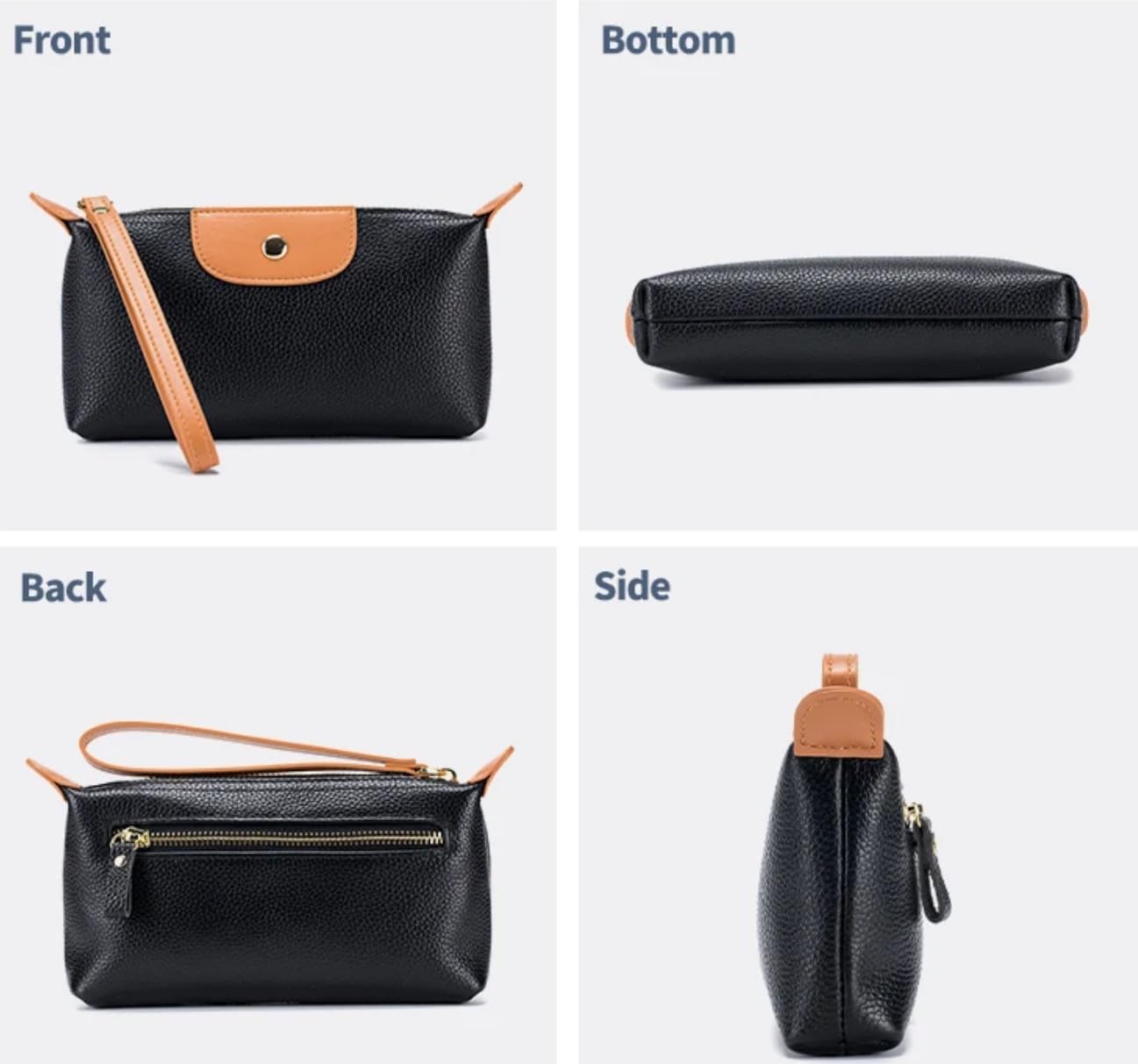 Women Genuine Real Leather Wristlet Wallet Clutch. 2 Zipped Pockets 3 Card Slots Purse (Black)