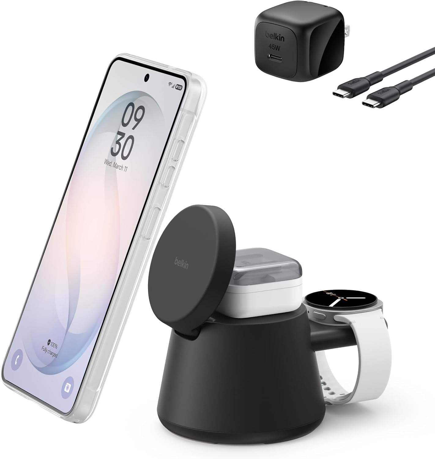 Qi2.2 25W Magnetic Wireless Charging Station, 3 in 1 Samsung Charger | Fast Charging, MagSafe Compatible, Samsung Galaxy S26, Android Charger, Pixel 10, iPhone 17/16/15, Apple Watch, AirPods