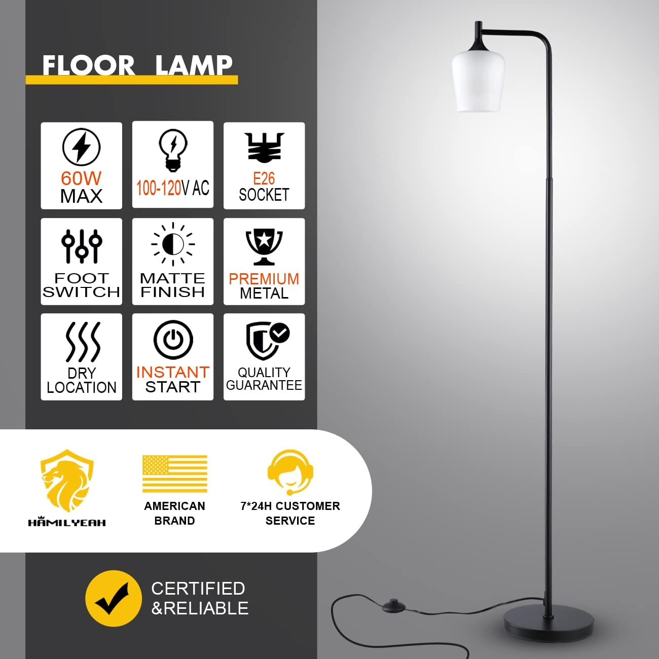 Hamilyeah Floor Lamp Black with Frosted Glass Shade, Industrial Tall Lamp for Living Room, Modern Standing Lamp for Office, Farmhouse Stand up Light with Foot Switch, E26 Bulb Included