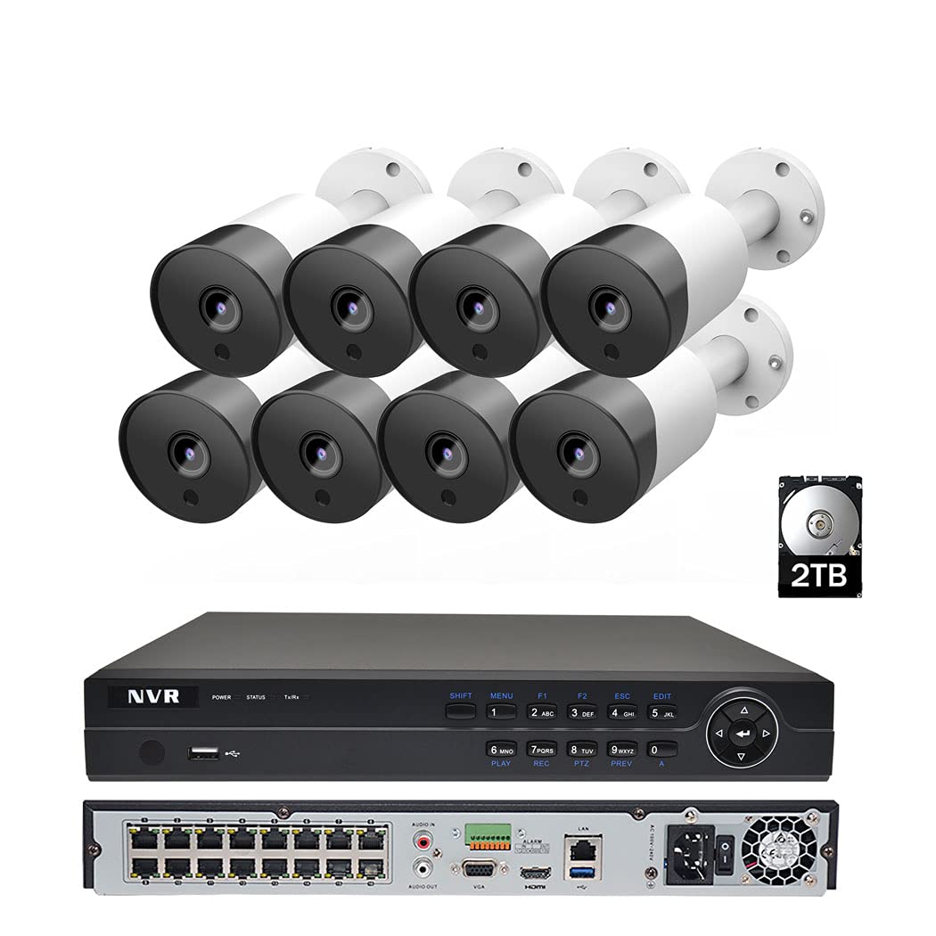 16CH 4K PoE Home Security Camera System, 4K 8MP 16-Channel H.265 NVR with 2TB HDD, 8MP PoE Bullet IP Cameras(8Pcs) with Audio Detection, IP66 Water-Proof for 24/7 Recording