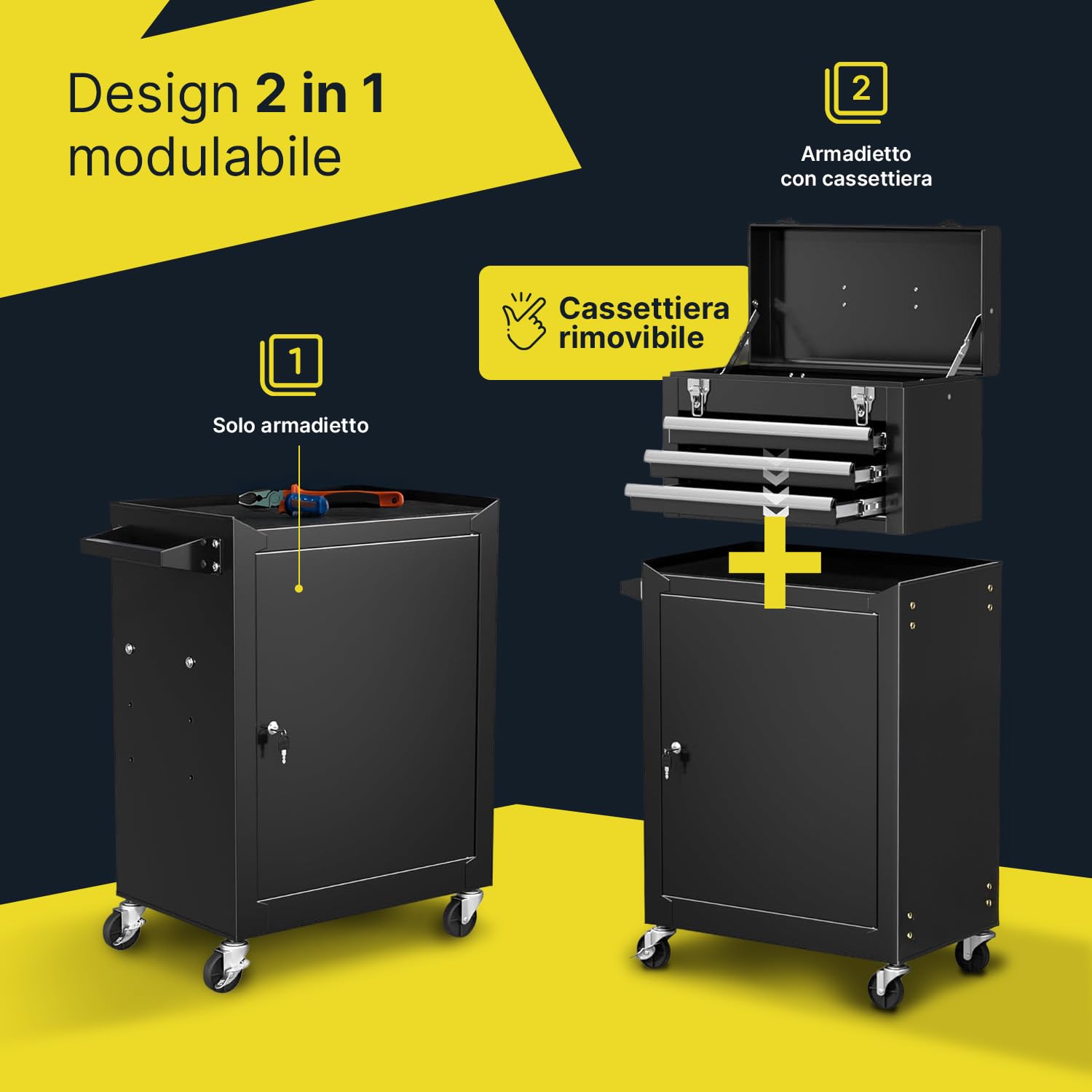 DAIMANN Carrello Porta Attrezzi Officina in Metallo - Banco da Lavoro Mobile con 3 Cassetti Scorrevoli e Armadietto con Serratura - 4 Ruote Girevoli e Maniglia Ergonomica - Organizer per Garage