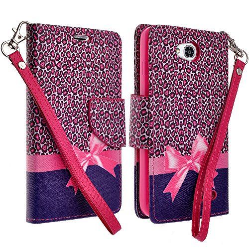LG OPTIMUS L70 L41C Exceed 2 Realm Pulse Ultimate 2 Case, Magnetic Closure Leather Flip Wallet Case with 2 Card Slots, Cash Compartment and Detachable Wrist Strap for LG Optimus L70 Wallet Case (CHEETAH)
