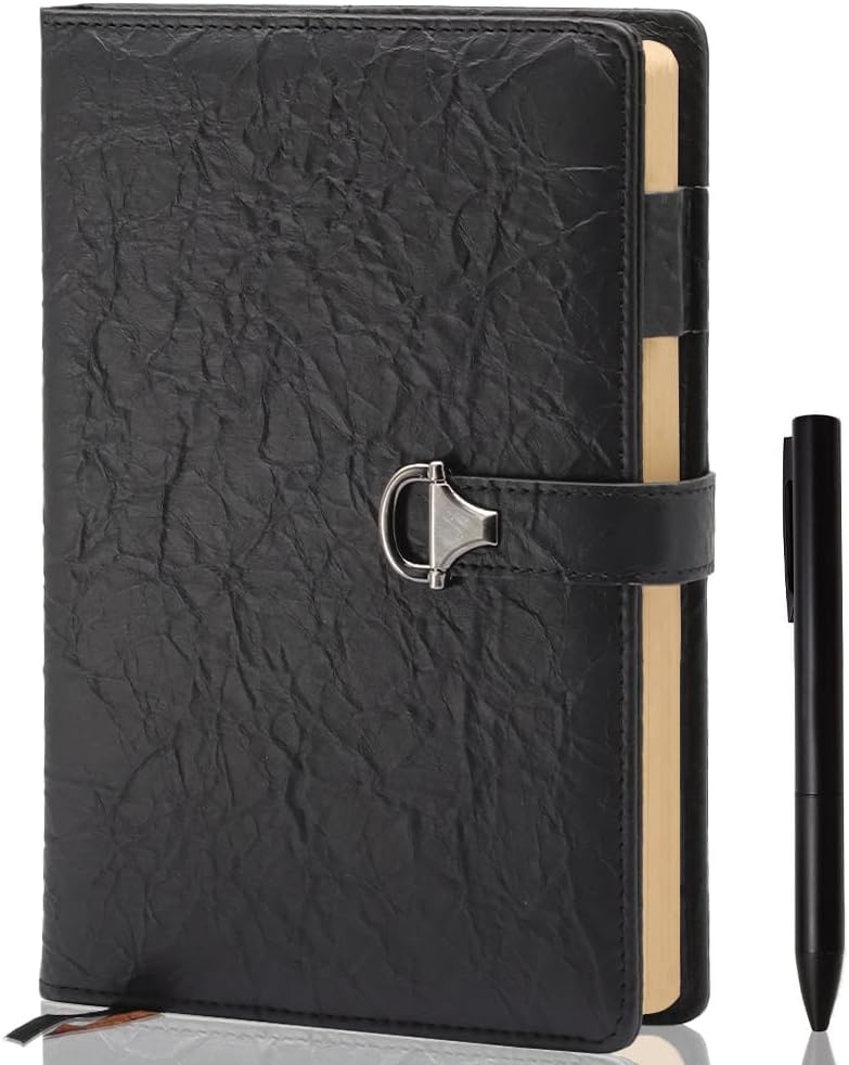 Journal for Men, Vintage Leather Diary for Writing, A5 240 Kraft Pages College Ruled Notebook, Refillable Planner Organizer with Metal Pen and Gift Box (Vintage Black Magnetic Buckle)