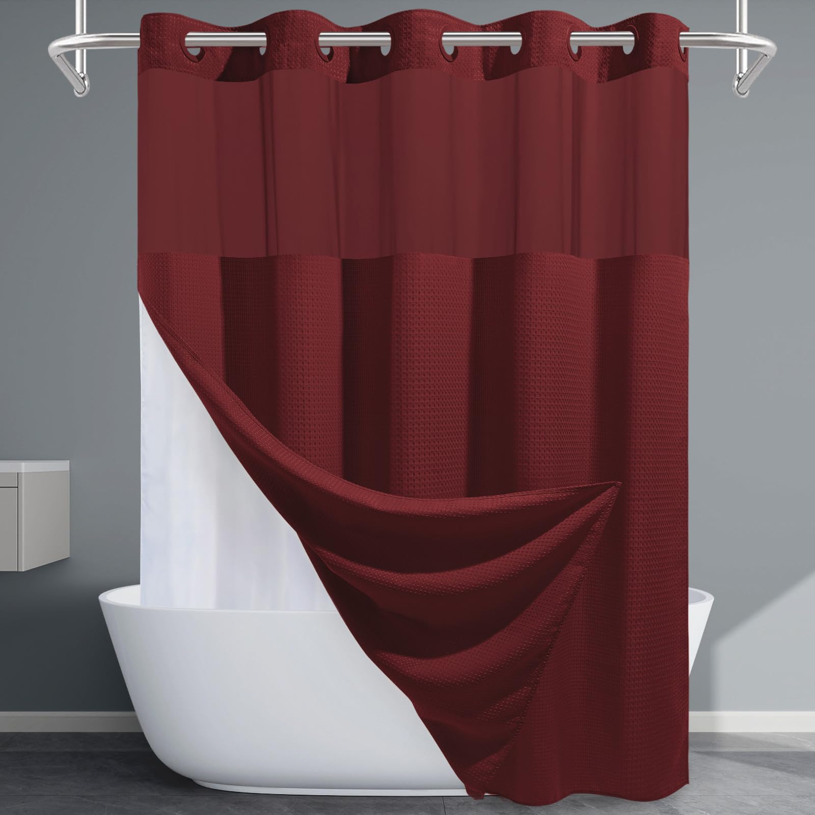 EUTXL Burgundy Long No Hook Shower Curtain with Snap in Liner,230GSM Waffle Weave Shower Curtains for Bathroom,71W x 86H