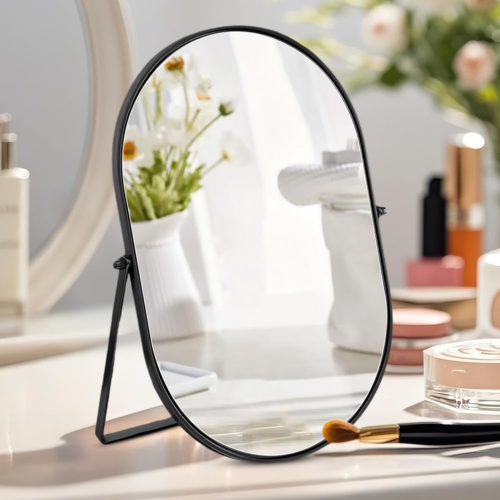 Makeup Mirror Oval Vanity Mirror Large Cosmetic Vanity Mirror Metal Frame with Stand 360° Swivel & Adjustable HD Definition Countertop Tabletop Mirrors for Vanity Dresser, Bathroom, Bedroom, Desk