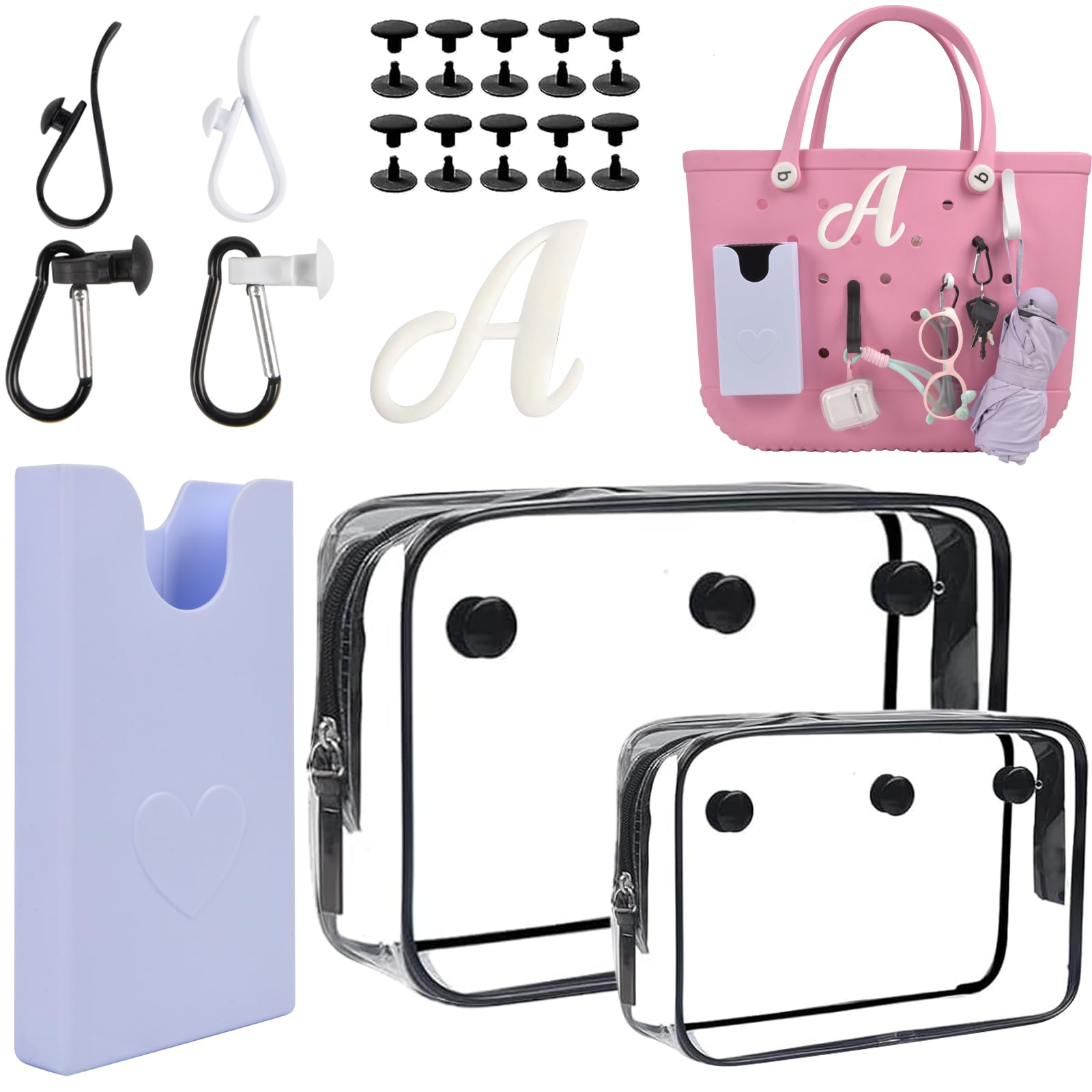 8 PCS Beach Bag Accessories Set for Bogg Bag, Silicone Phone Holder, 2 Clear Bag Insert Pouch, 4 Key Chain Hooks and Carabiners, Letter Charms