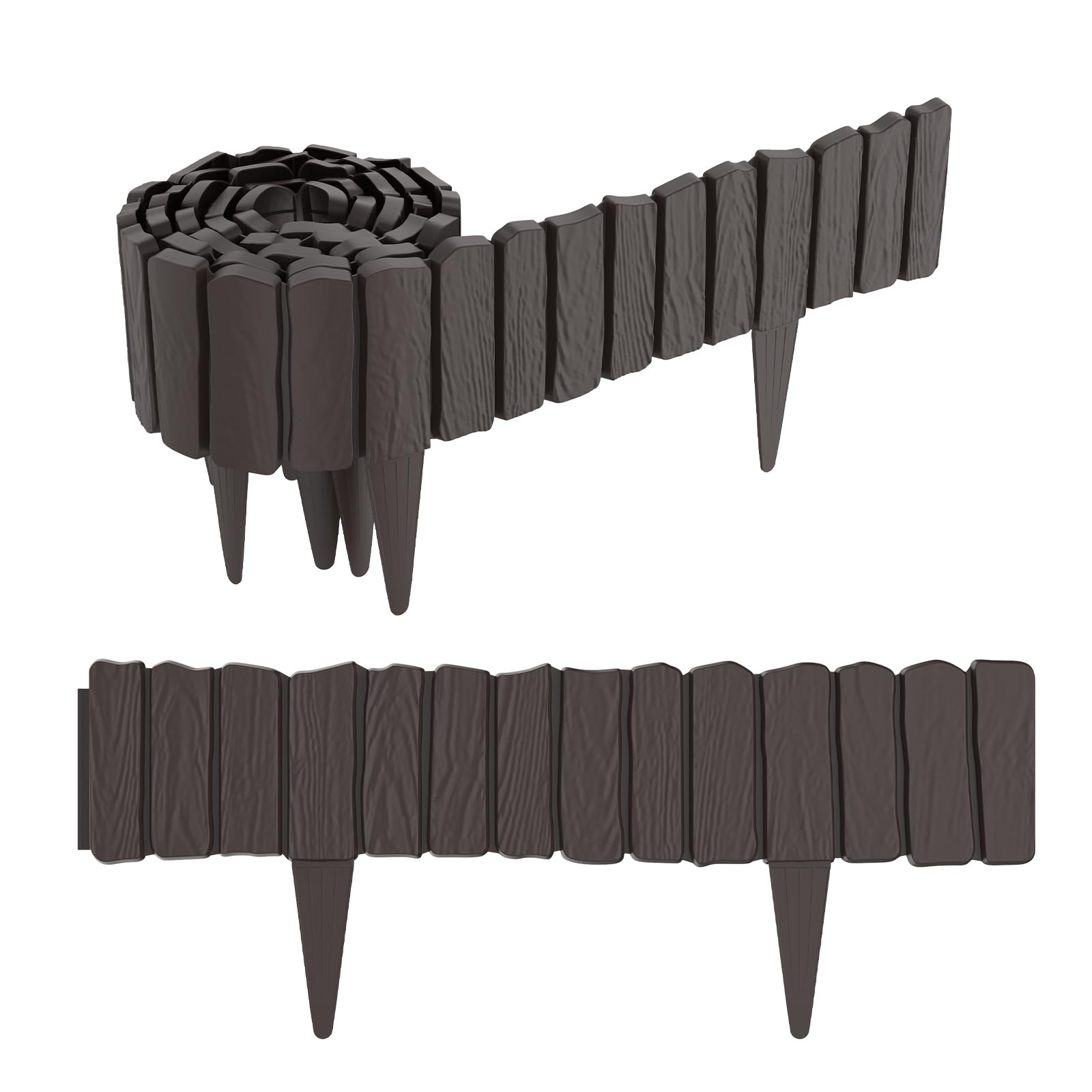 Aufun Flexible Garden Lawn Edging Wood Effect, Durable Plastic Lawn Border with Dual Stakes, Weather Resistant Decorative Fence for Flower Beds Patio Paths Brown 4.6M