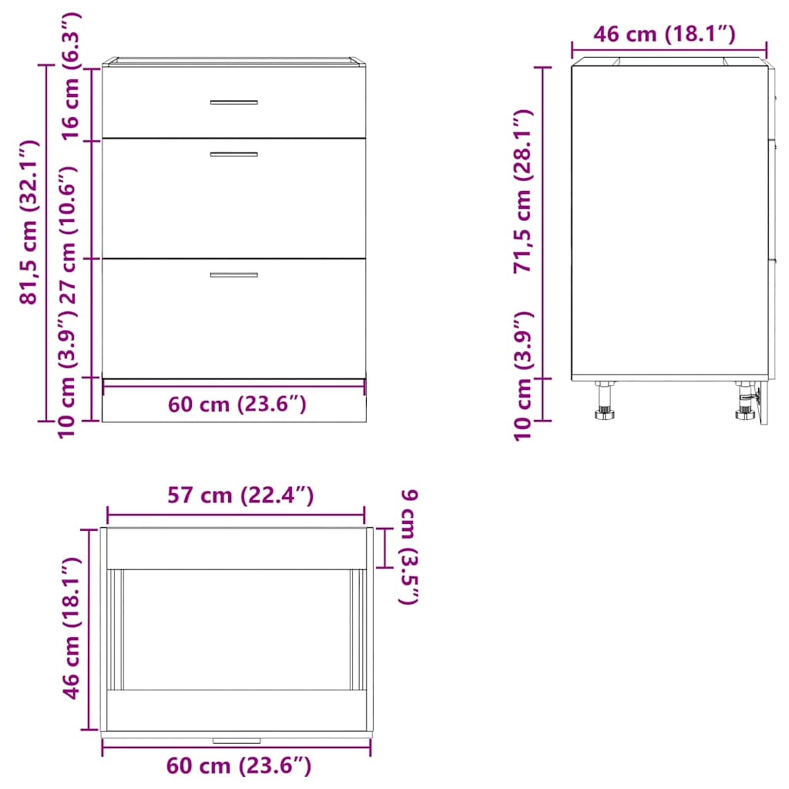 Mobile da cucina bianco, in legno, larghezza 60 cm, altezza 81,5 cm, con 2 cassetti e piedini regolabili in altezza, per cucine da incasso