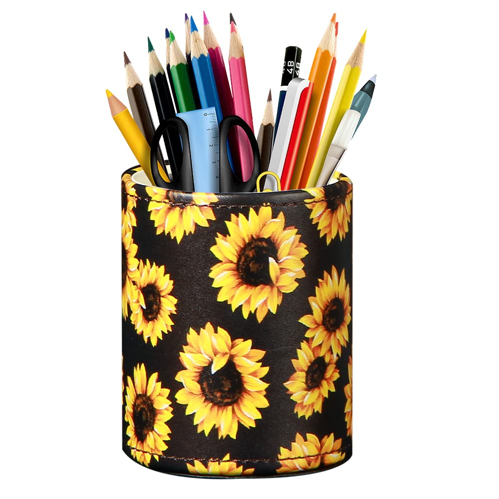 BIBELUN Pen Holder for Desk Cute, Desk Organizers and Workspace Accessories Storage, Pencil Holder Cup for Makeup Brush/Art Supplies/Stationery, Decorative Aesthetic Office Organization, PU Leather