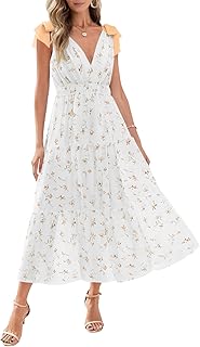Womens Summer Floral Maxi Dress Casual Self Tie Sleeveless V Neck Smocked Boho Tiered Beach Sundresses - Buy now