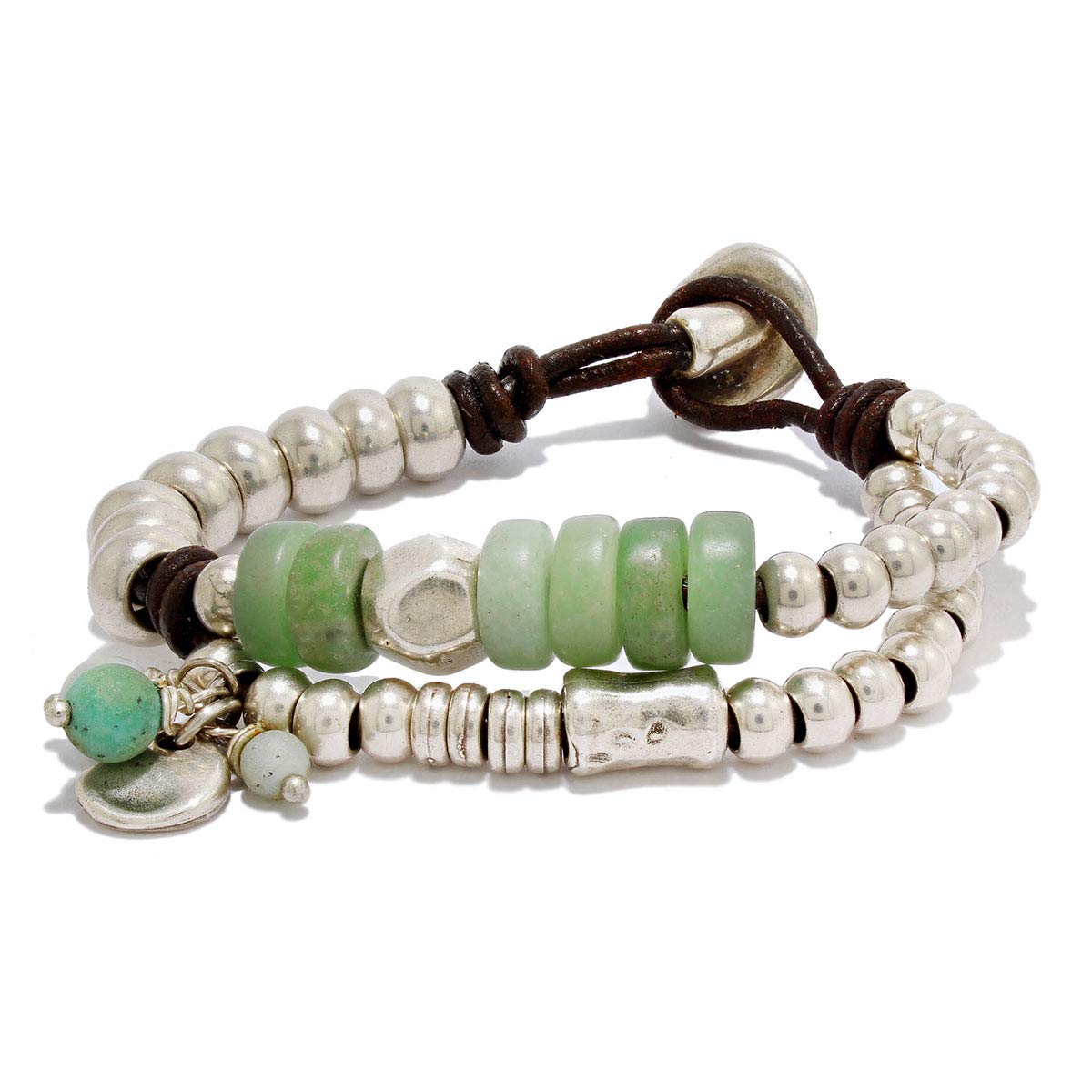 Pulsera hecha a mano con "Aventurina" y "Amazonita", en cuero genuino y cuentas de zamak, por IntendenciaJewels - Pulseras de piedras naturales - Pulseras Amazonita - Pulseras de cuero