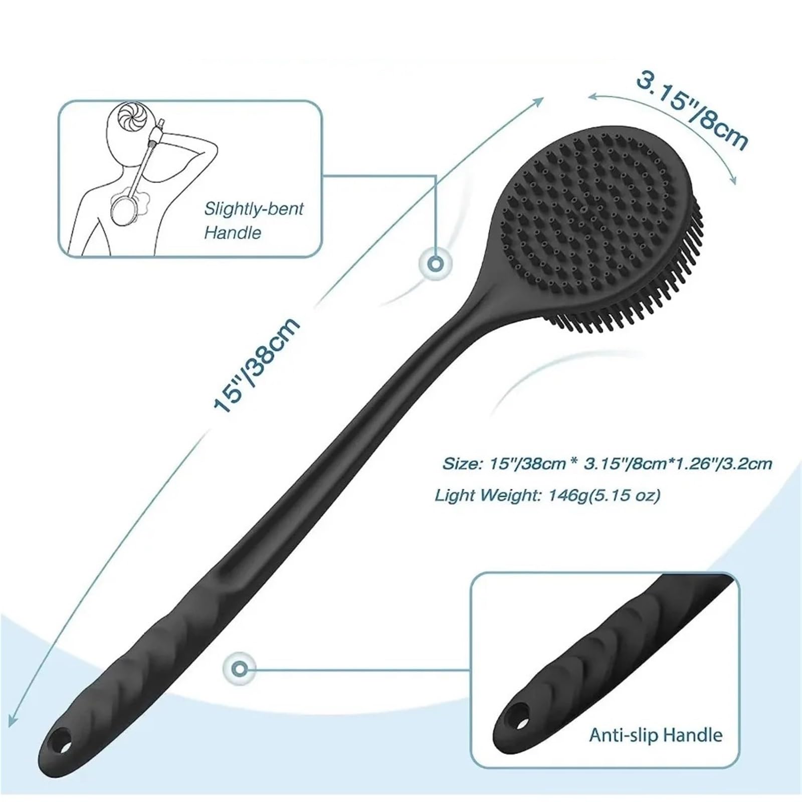 RüCkenbüRste 2 Stücke Bad Weiche Zurück Scrubber Pinsel Bad Dusche Schwamm Schrubber mit Griff Peeling Peeling Haut Massage Bad Lieferungen FüR KöRperpeeling(Black)