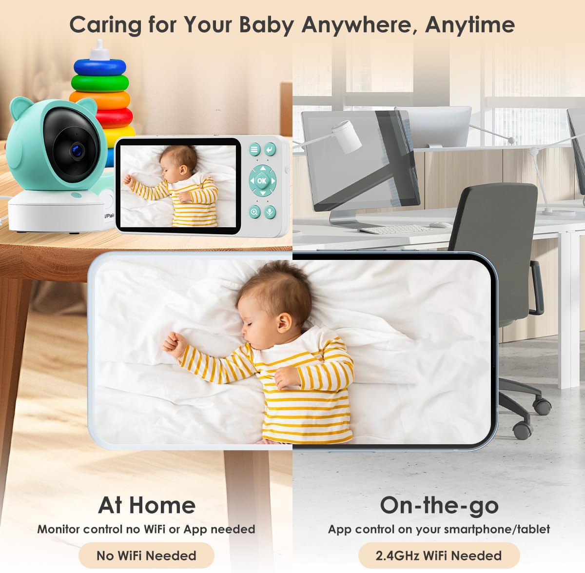 Video Baby Monitor 2K con Display 5",Telecamera a 360°,App iOS/Android,Rilevamento Pianto/Movimento/Temperatura,Visione Notturna,Batteria Potente,con/senza WiFi,per Neonati e Bambini