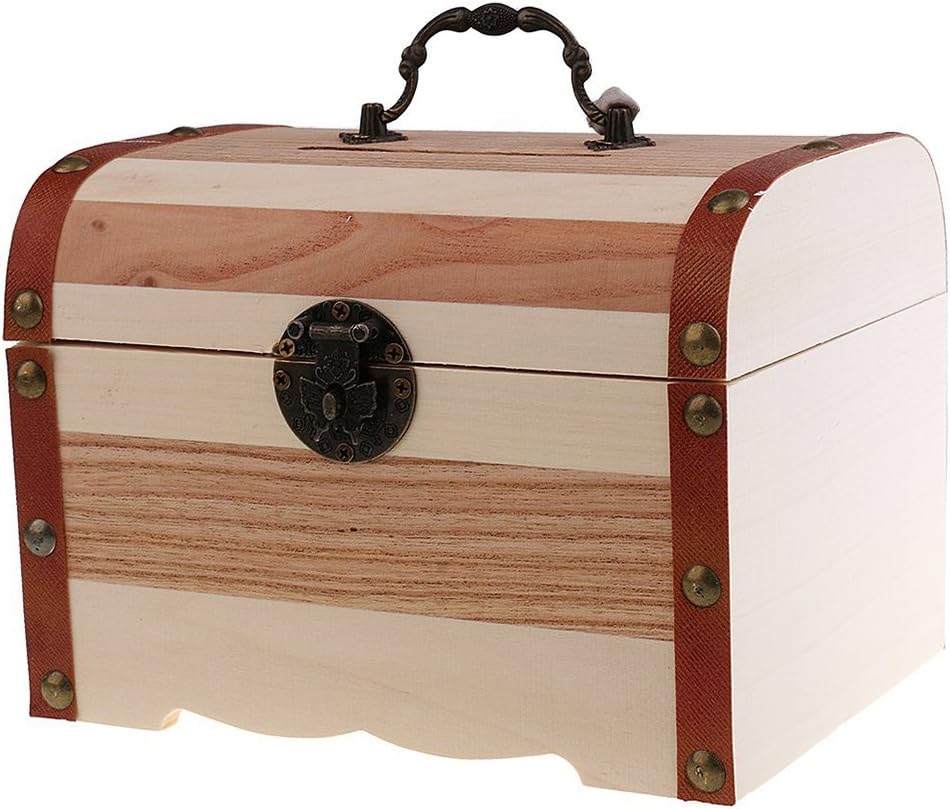 Willcomes Wooden Money Storage Box Treasure Chest Piggy Bank Handmade Jewelry Organizer with Lock and Two Keys
