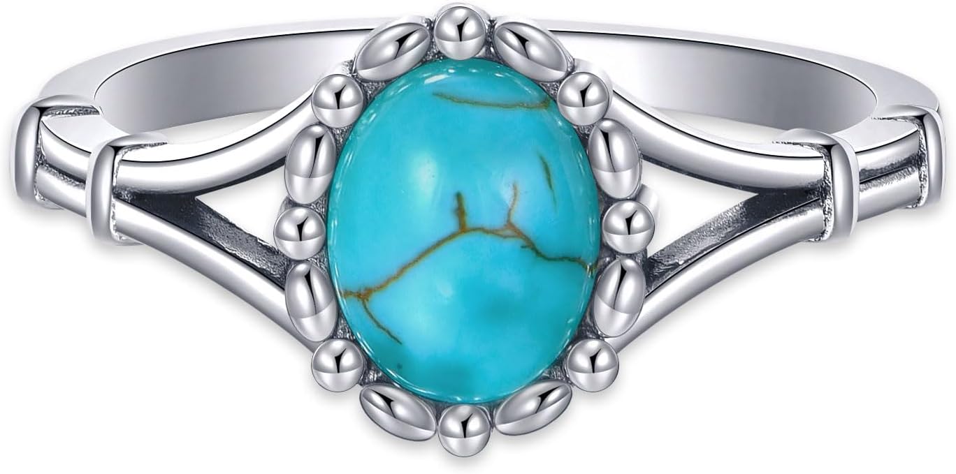 Genuine Turquoise Rings for Women 925 Sterling Silver Real Oval Shape Turquoise Ring Native American Style Southwest Jewelry for Her Wife Mom