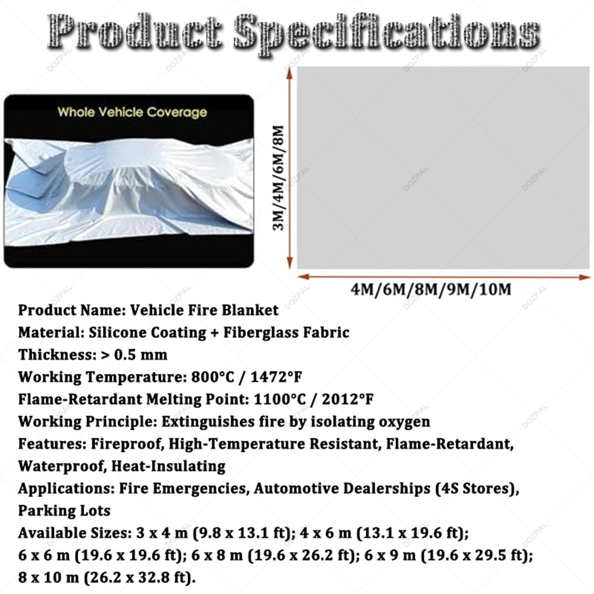 Manta ignífuga de Emergencia para vehículos, Mantas de Supervivencia seguras de Fibra de Vidrio y Silicona de Doble Cara, Manta ignífuga Reutilizable para Coche de hasta 1100 °C 3×4m