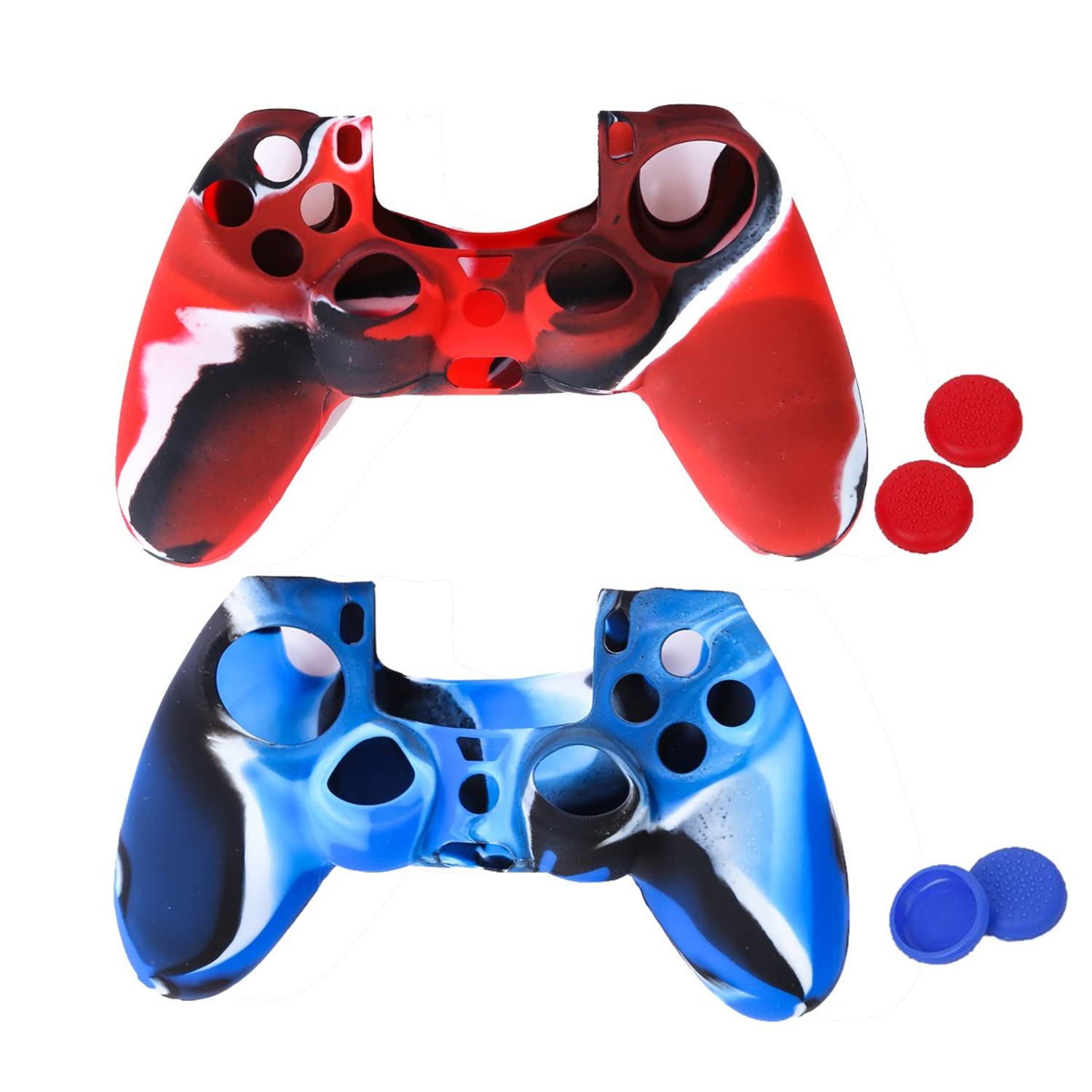 eWINNER 2pack Flexible Silicone Protective Case Skin Cover & 4pack Joystick Thumb Stick Caps Compatible with Sony Playstation 4 dualshock for PS4 Controllers (Case*2+Thumb Grips*4, Camo Red Blue)