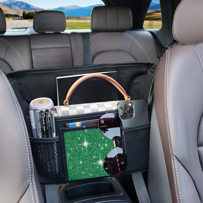 Donpeshe Green Diamond Car Handbag Holder Between Seats Bling Rhinestone Car Storage Bag Large Capacity Purse Phone Automotive Consoles Organizer Safe Barrier of Backseat Pet Kids