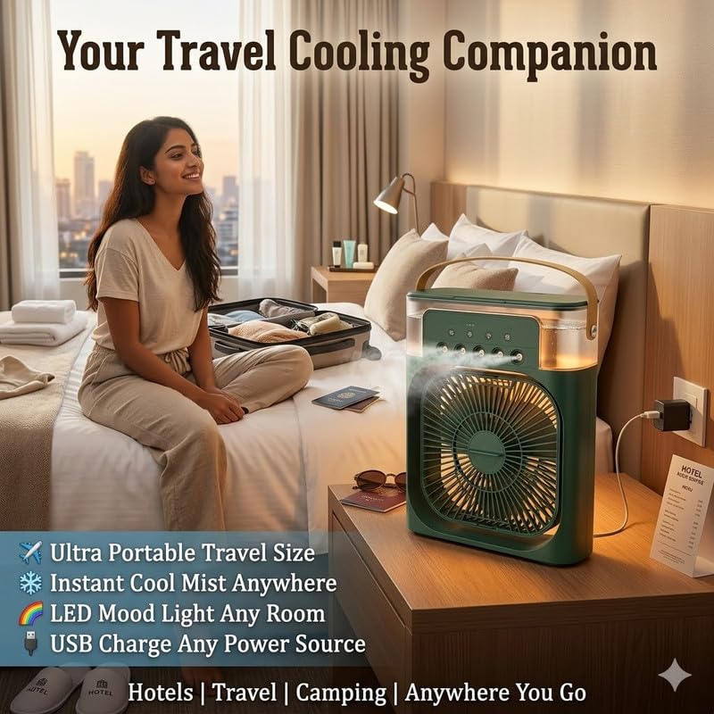 Image of Drumstone Portable USB Mini Air Cooler Fan with Water Mist & Timer, 3 Speed Personal Desk Cooling Device with LED Light for Home, Office & Travel Use