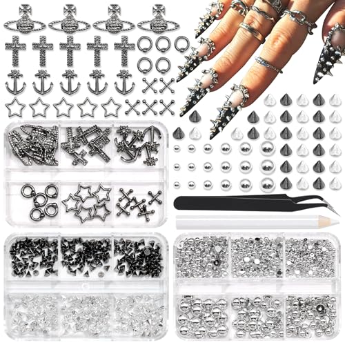 Image of RODAKY Punk Nail Charms Metal Rivet Cone Spike Nail Art Studs 3D Star Cross Gems for Nails Sliver Flatback Pearls Beads Goth Accessories DIY Crafts Halloween