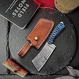 Winesfromspain Cuchillo de Carnicero de Damasco, 33 cm, Patrón de Torsión de 300 Capas, con Funda de Cuero