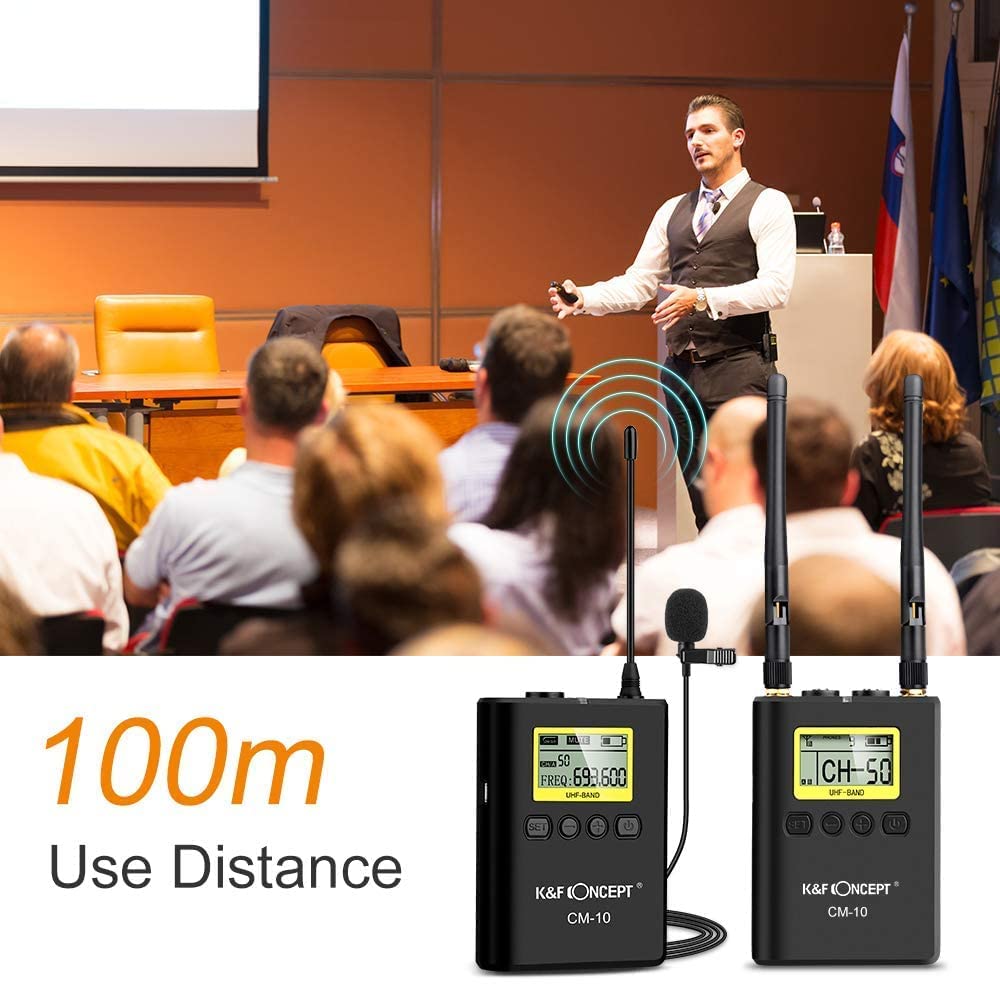 K&F Concept UHF 100M bezprzewodowy mikrofon krawat z 2 nadajnikami + 1 dwukanałowy odbiornik do kamery wideo Canon Nikon Sony do prezentacji i rozmów kwalifikacyjnych
