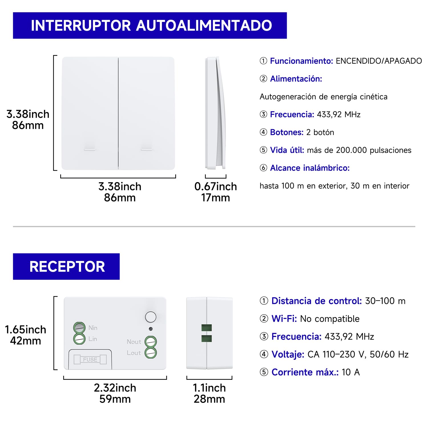 Kit de interruptor inalámbrico cinético sin pilas interruptor autoalimentado interruptores inalámbricos quinético sin pila control remoto radio interruptor de iluminación inalámbrico RF (EU 2Gang 2V2