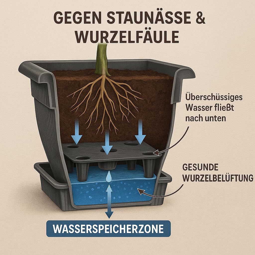 Pflanzkübel XL 48x48 cm Anthrazit 3er Set Wasserspeicher 30 L Blumentopf | BURI Untersetzer Made in DE aus robustem Kunststoff, UV-stabil und frostsicher für Pflanzkästen im Außenbereich