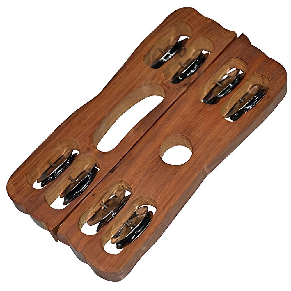 Jheeka Cymbal | Indian Percussion Instrument for Bhajan, Kirtan, Mandir Aarti | Steel Jigal Fibre Dafli/Tambourine | Wooden Khartal Hand Percussion Pair (6x7 inch, 2Pcs)