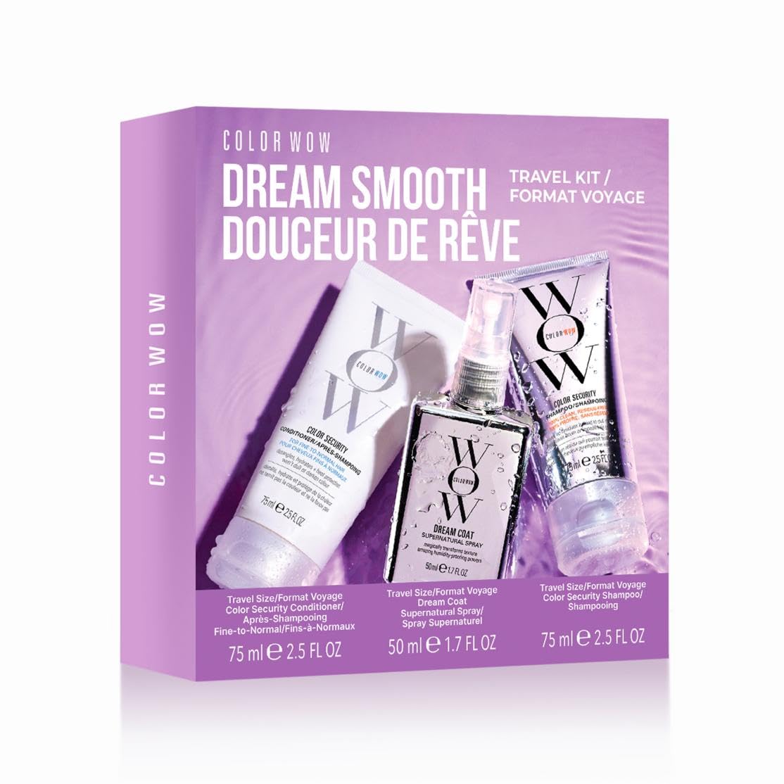 Color Wow, Dream Smooth Discovery Set, Cofanetto con Shampoo, Conditioner e Spray, Trattamenti Capillari, Deterge e Nutre i Capelli Secchi e Ribelli, 75ml + 75ml + 50ml