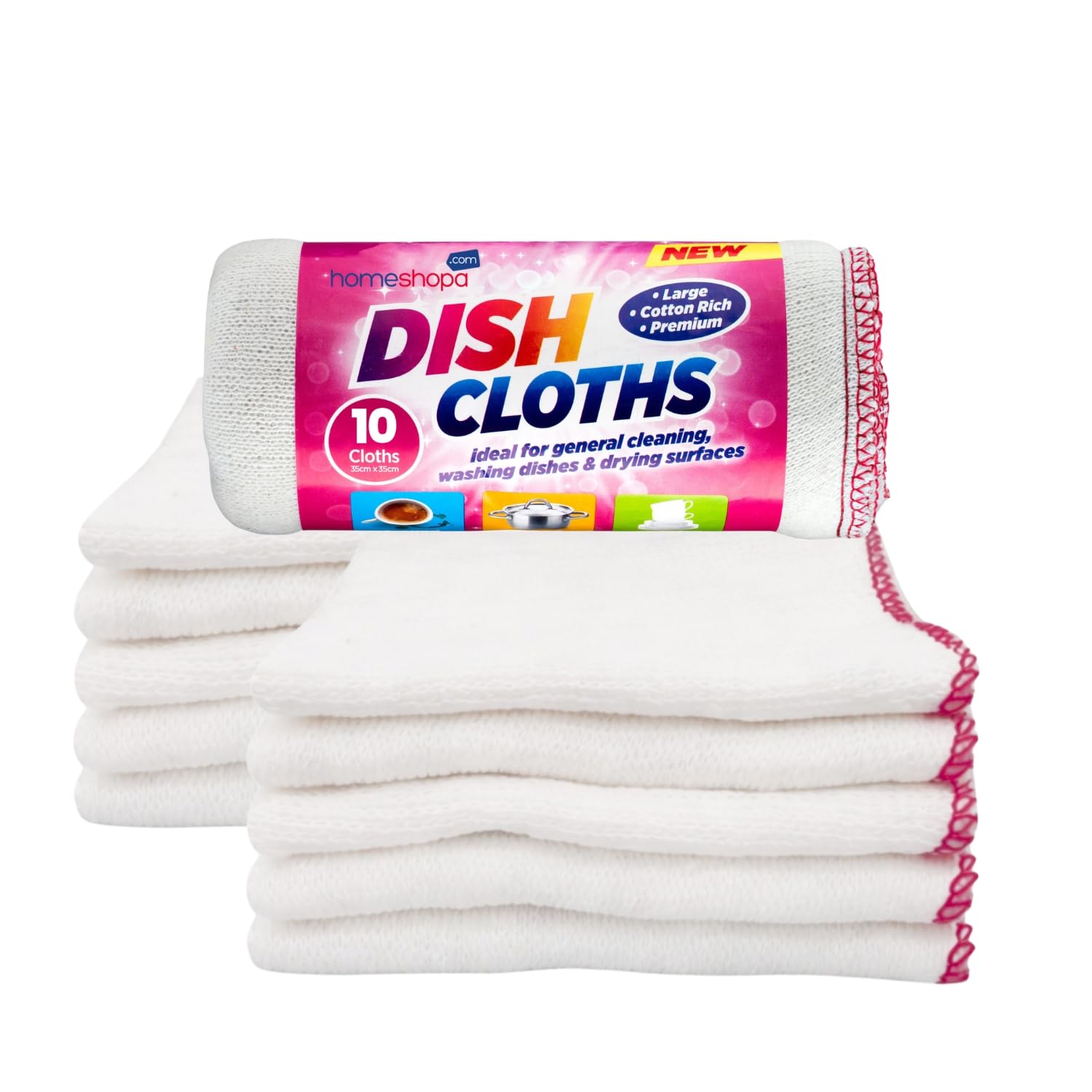 HOMESHOPA Large Dish Cleaning Cloth, 10 Pack Cotton Super Absorbent White Kitchen Washing Up Dishcloth, Extra Soft & Thick Reusable Tea Towels Washcloths, 35 X 35cm
