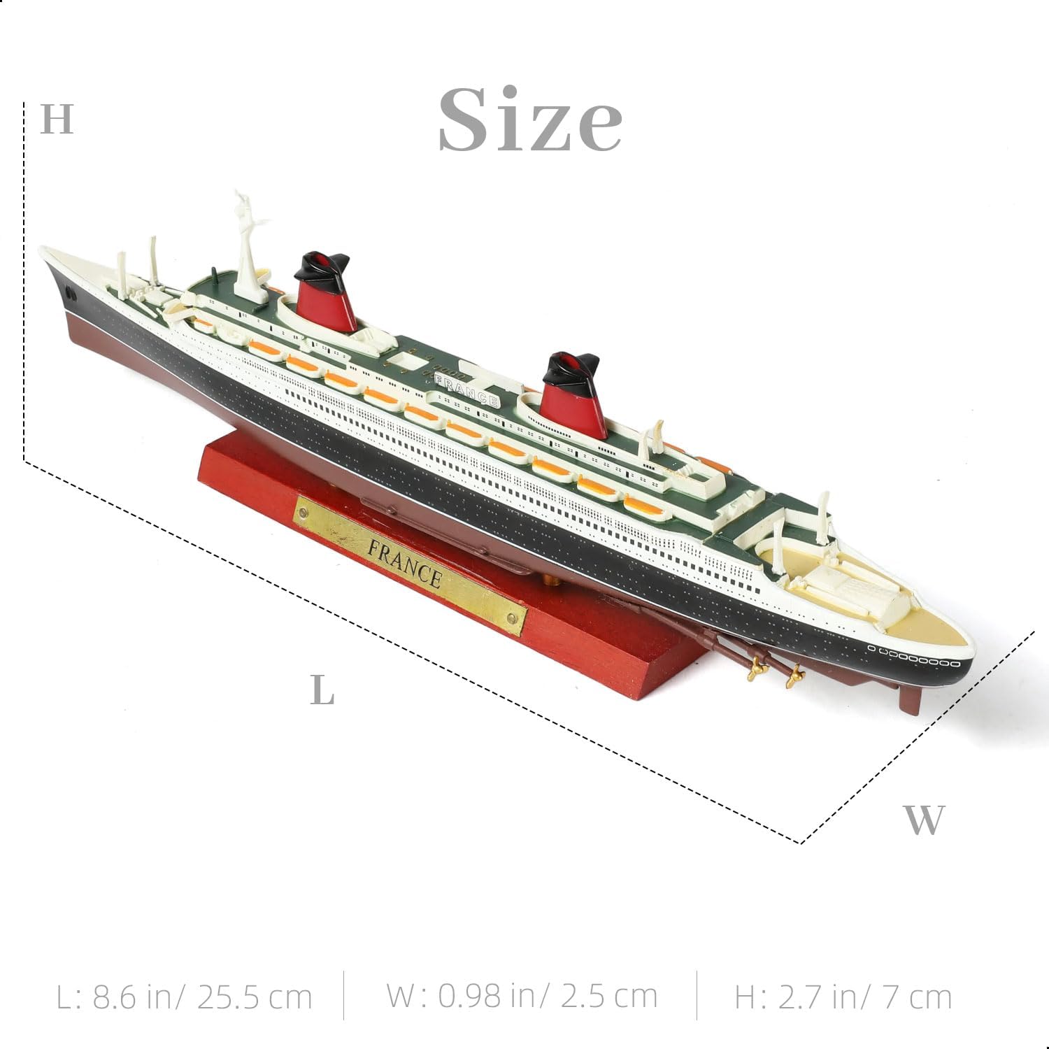 1/1250 SS France Cruise Ship Model Classic Alloy Metal Diecast Boat Model Legendary Ocean Liner French con espositore in venature del legno Adatto per collezione o regalo per adulti