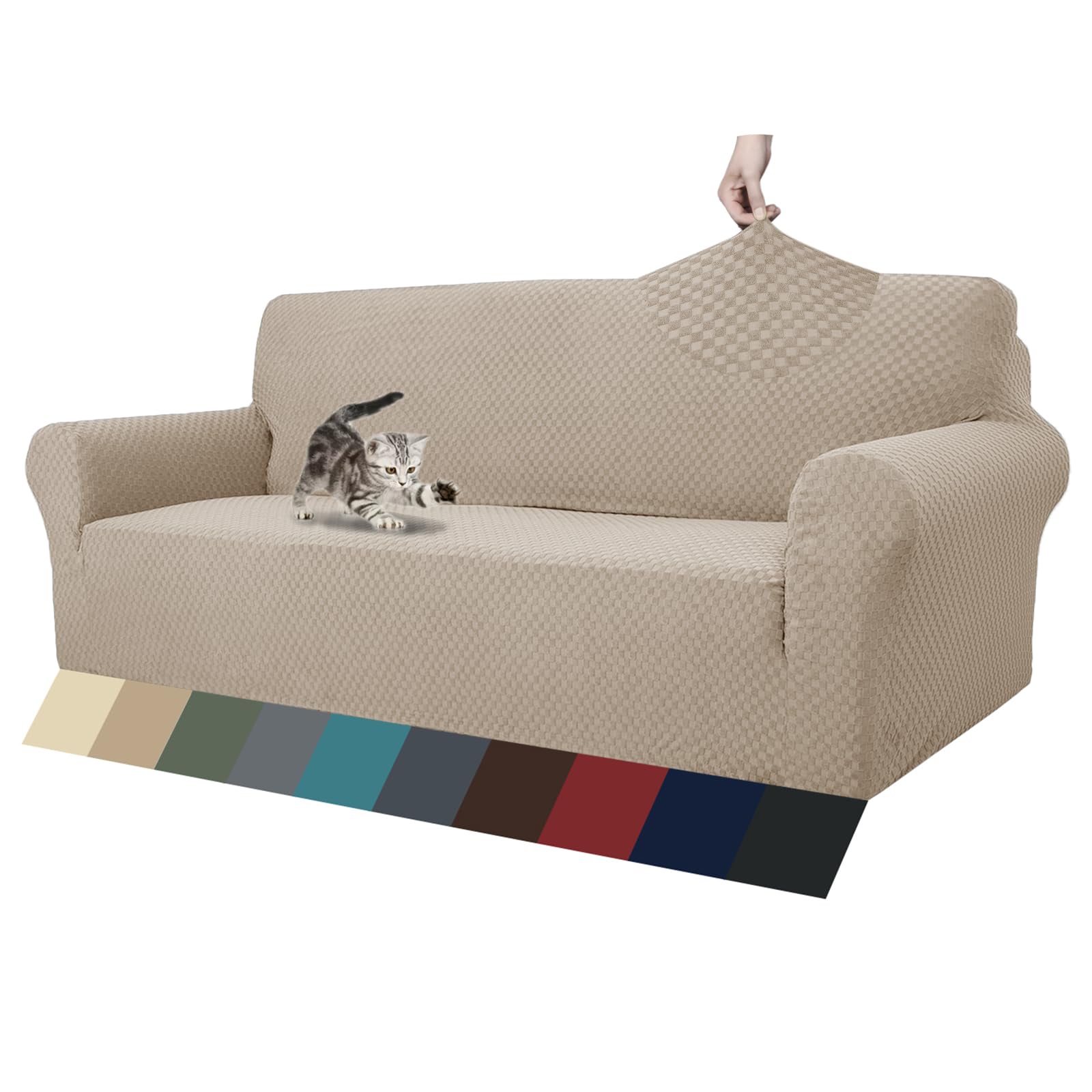 ZNSAYOTX 1 Piece Jacquard Couch Covers for 3 Cushion Couch High Stretch Sofa Cover for Pets Dogs Anti Slip Extra Large Sofa Slipcovers Furniture Protector (XL Sofa, Khaki)