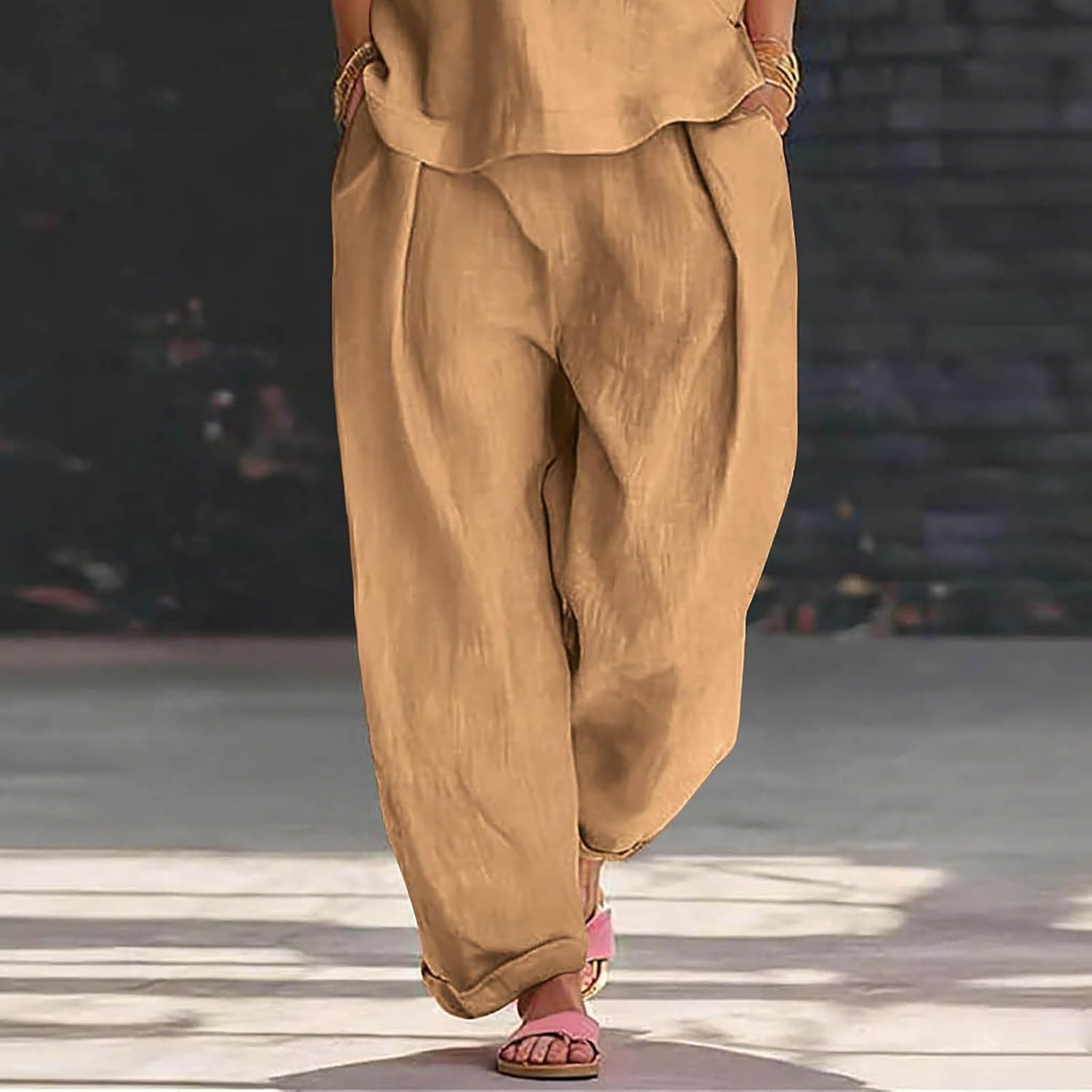 Linen Set for Women 2 Piece Button Side Irregular Shirts Matching Pants Sets 2026 Comfort Casual Airport Outfits
